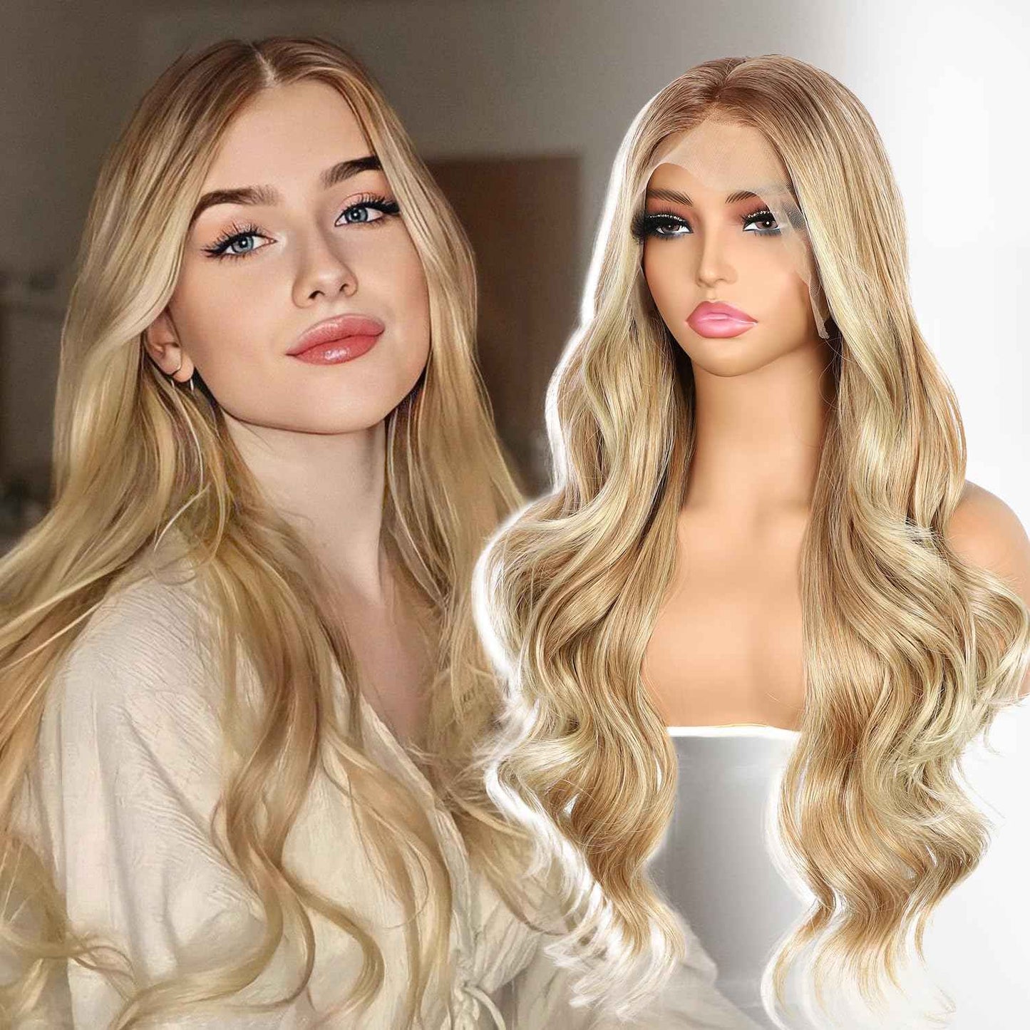 BABEHERS Honey Blonde Lace Front Wig for Women 13x4 Body Wave Synthetic Wigs Highlight Pre-plucked Long Wavy 150% Density Natural Heat Resistant Hair Daily Use 26 Inch