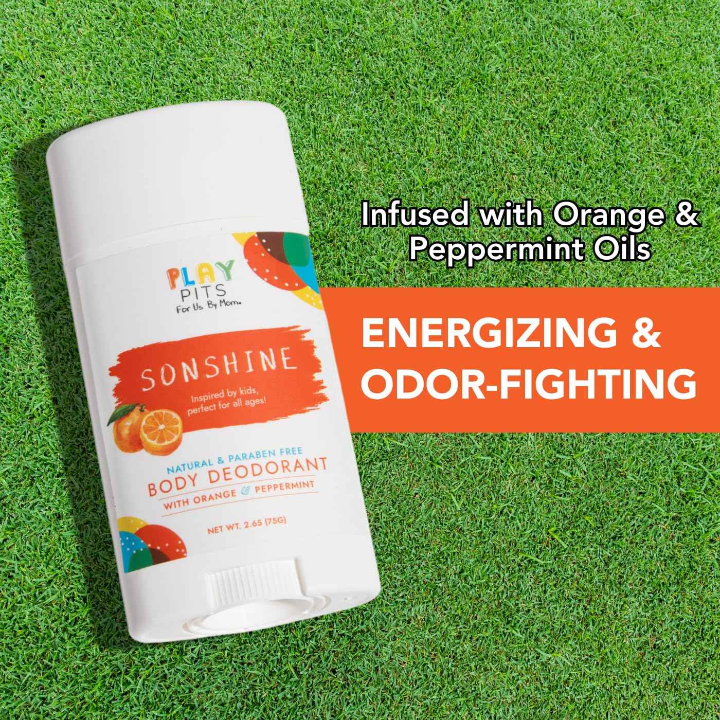 PLAY PITS - Kids Deodorant for Girls & Boys - Natural - Aluminum-Salt Free - Safe for Sensitive Skin – SONSHINE is Infused w/Orange & Peppermint Oils - Non-Toxic & Paraben Free - 2.65oz - 2pk