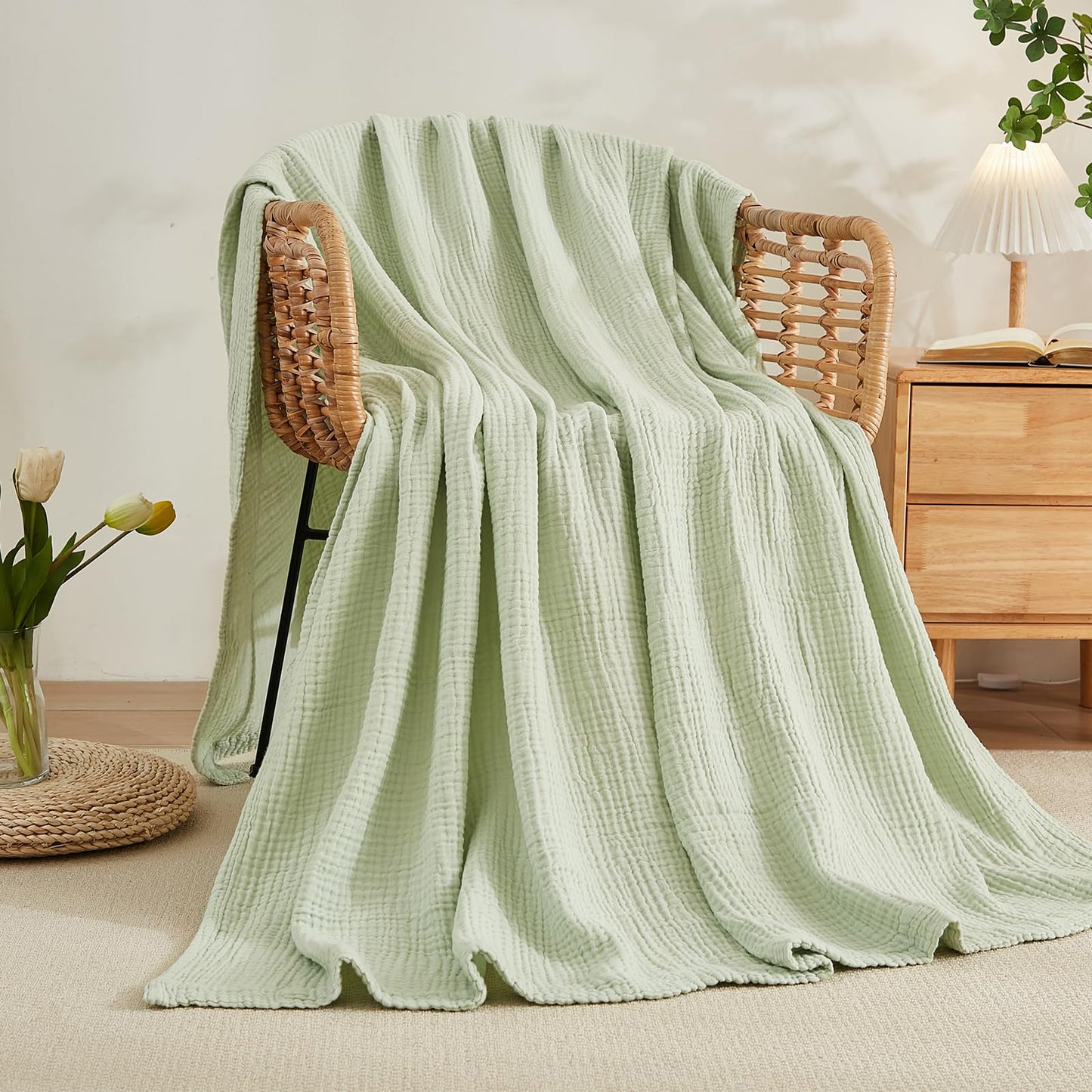 EMME Cotton Blanket Queen Size for Bed Soft Large Muslin Bed Blankets 80"x90" Lightweight Breathable Blanket All Season Gauze Blanket, Mint Green