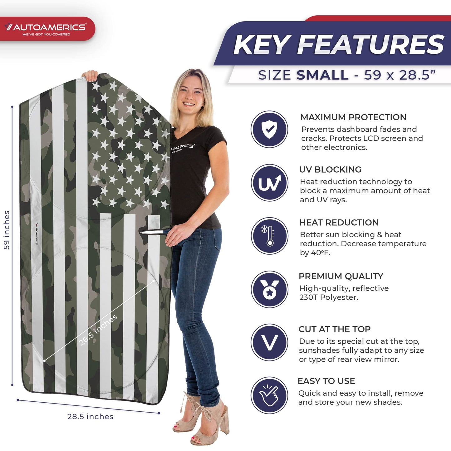 Autoamerics 1-Piece Windshield Sun Shade Green Camo American Flag USA Design - Foldable Car Front Window Sunshade for Most Sedans SUV Truck - Blocks Max UV Rays and Keeps Your Vehicle Cool - Small