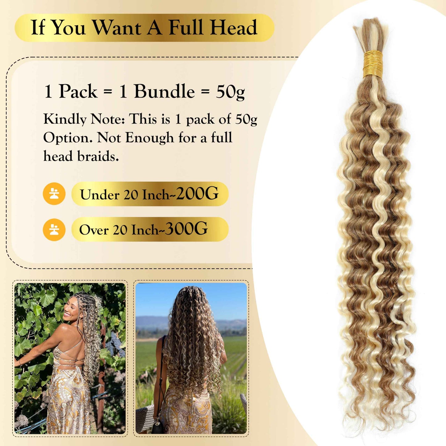 Syrenlore Ombre 27/613 Curly Deep Wave Braiding Hair Bulk, Highlighted Multi-Blonde Braiding Human Hair for Boho Knotless Braids, No Weft Blonde Extensions 20 Inch 50G LIGHT BULK