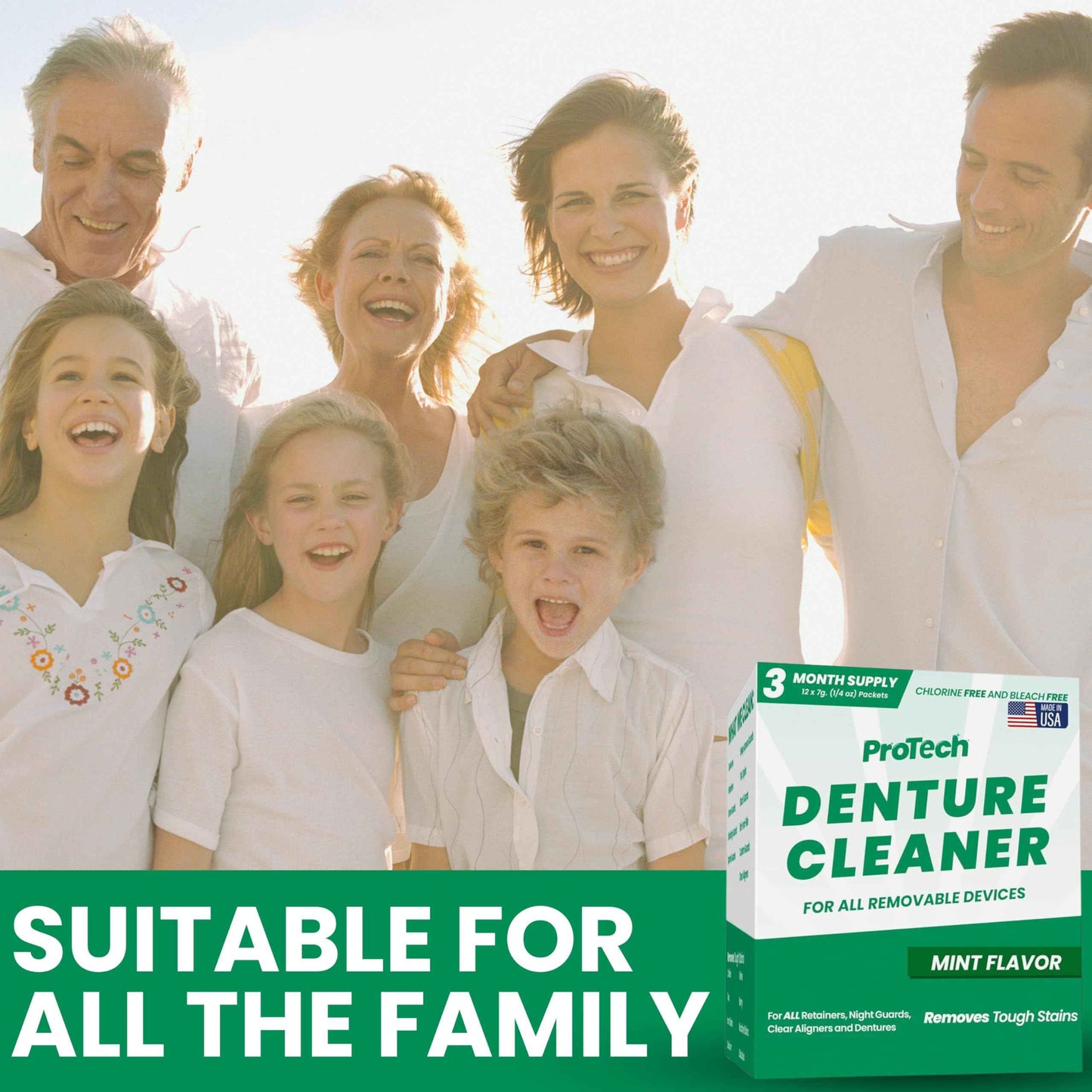 Protech Denture Cleaner 7g (3-Month Supply) Denture Cleanser Foils for Retainers, Nightguards, Mouthguards, and Dentures, Nicotine, Coffee and Iron Cleaning Foils, No Tablets, Long Lasting Packets