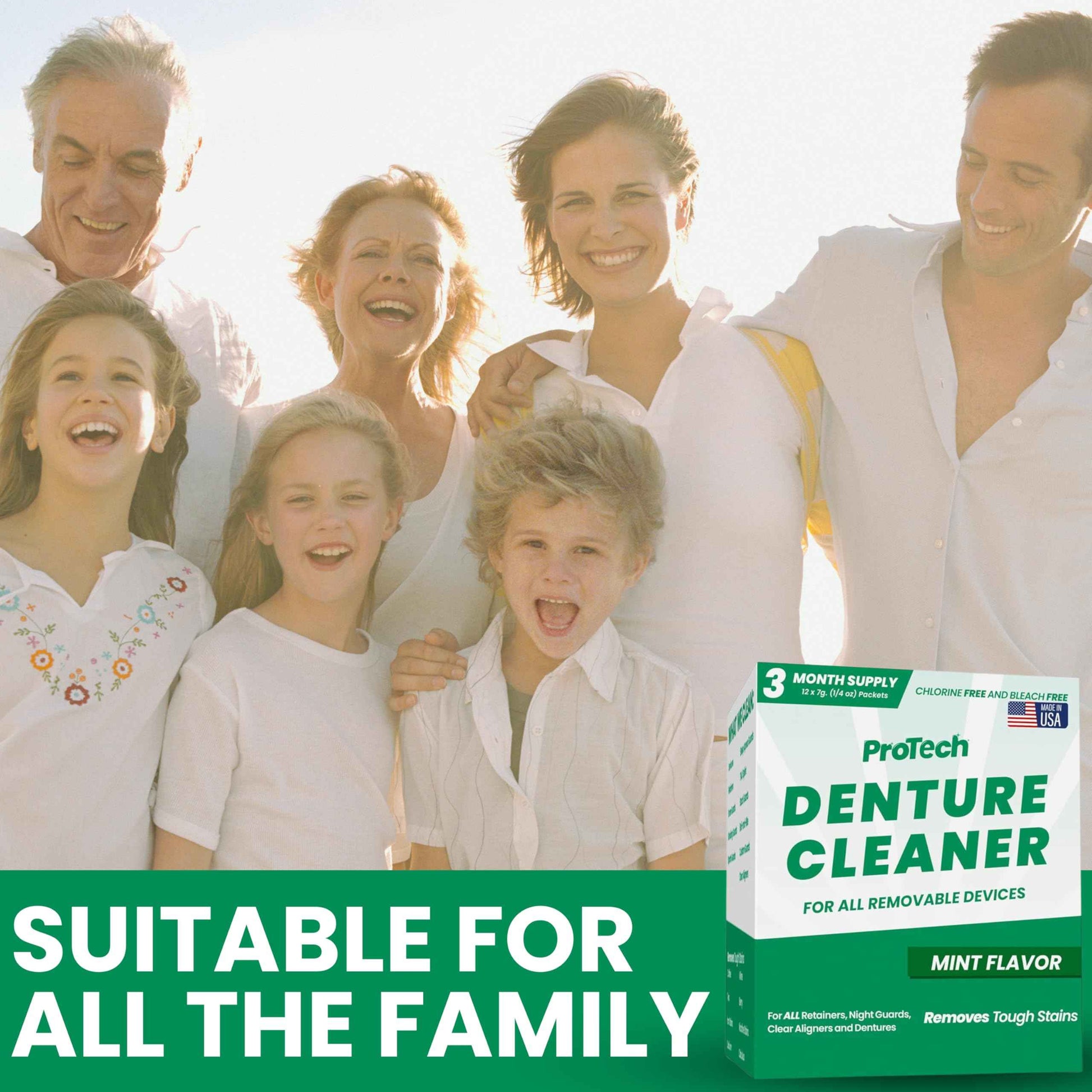Protech Denture Cleaner 7g (3-Month Supply) Denture Cleanser Foils for Retainers, Nightguards, Mouthguards, and Dentures, Nicotine, Coffee and Iron Cleaning Foils, No Tablets, Long Lasting Packets