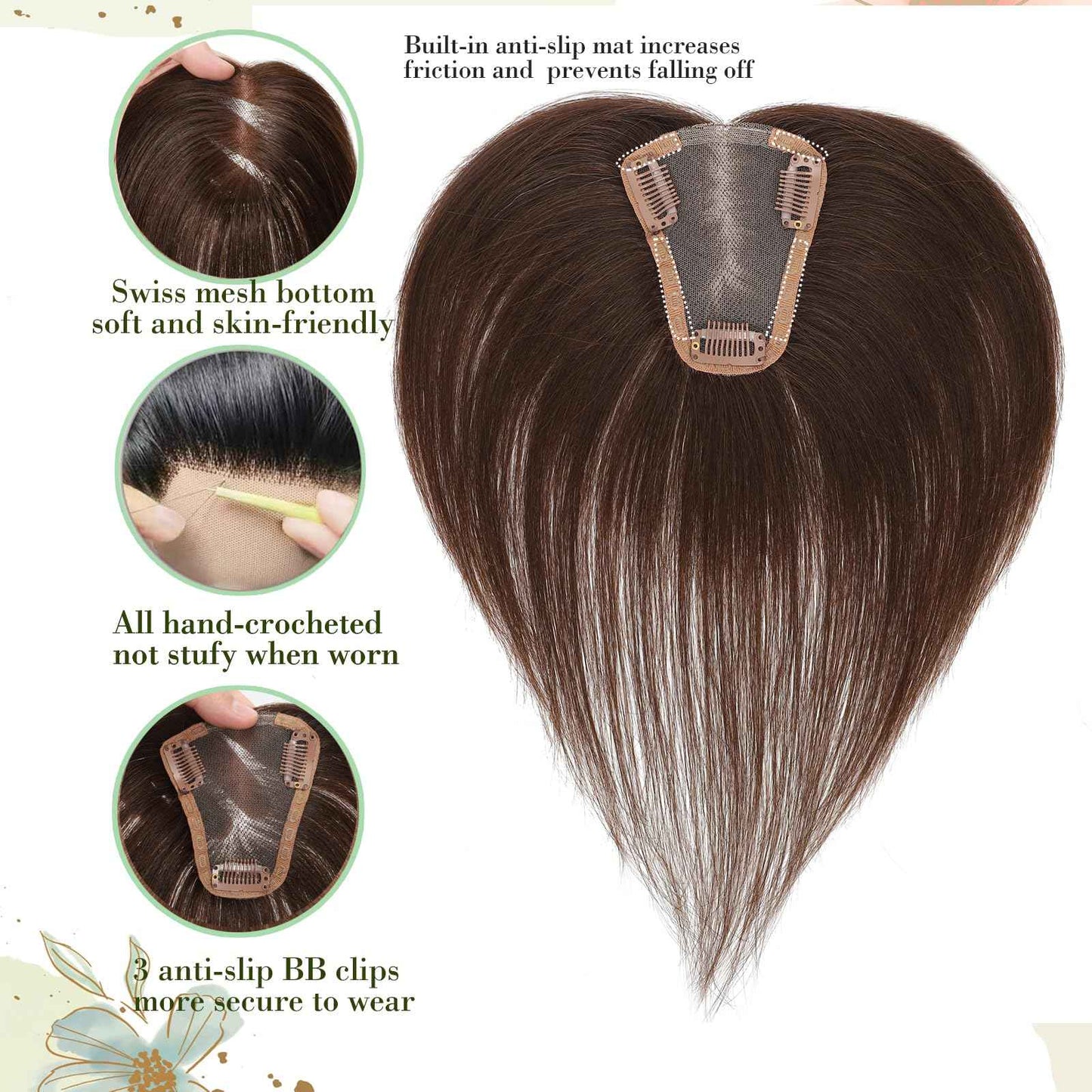 Real Human Hair Topper for Women with Thinning Hair 360 No Bangs Upgrade Lace Base Hand Hair-Tied Pieces for Women (Brown, 10Inch)