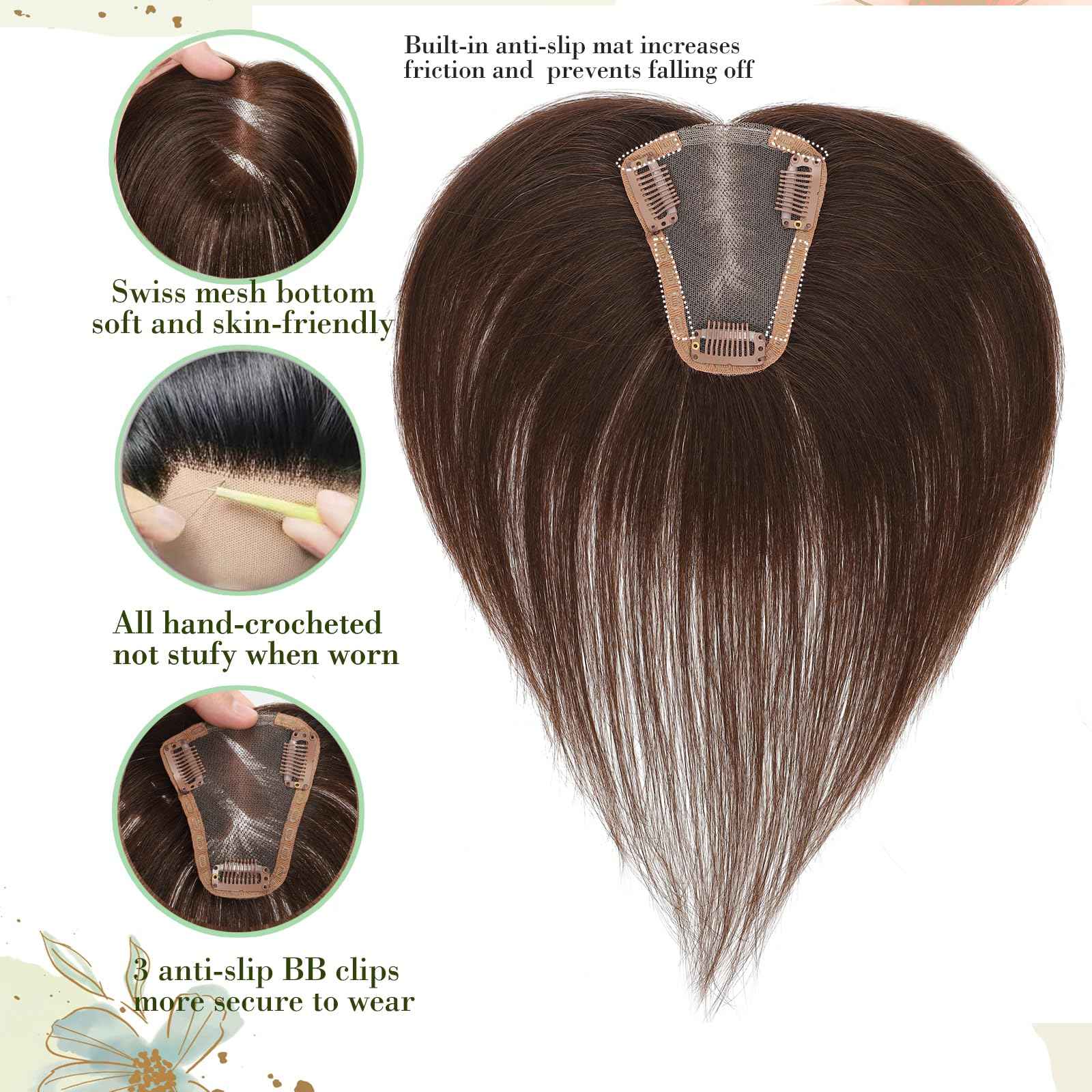 Real Human Hair Topper for Women with Thinning Hair 360 No Bangs Upgrade Lace Base Hand Hair-Tied Pieces for Women (Brown, 10Inch)