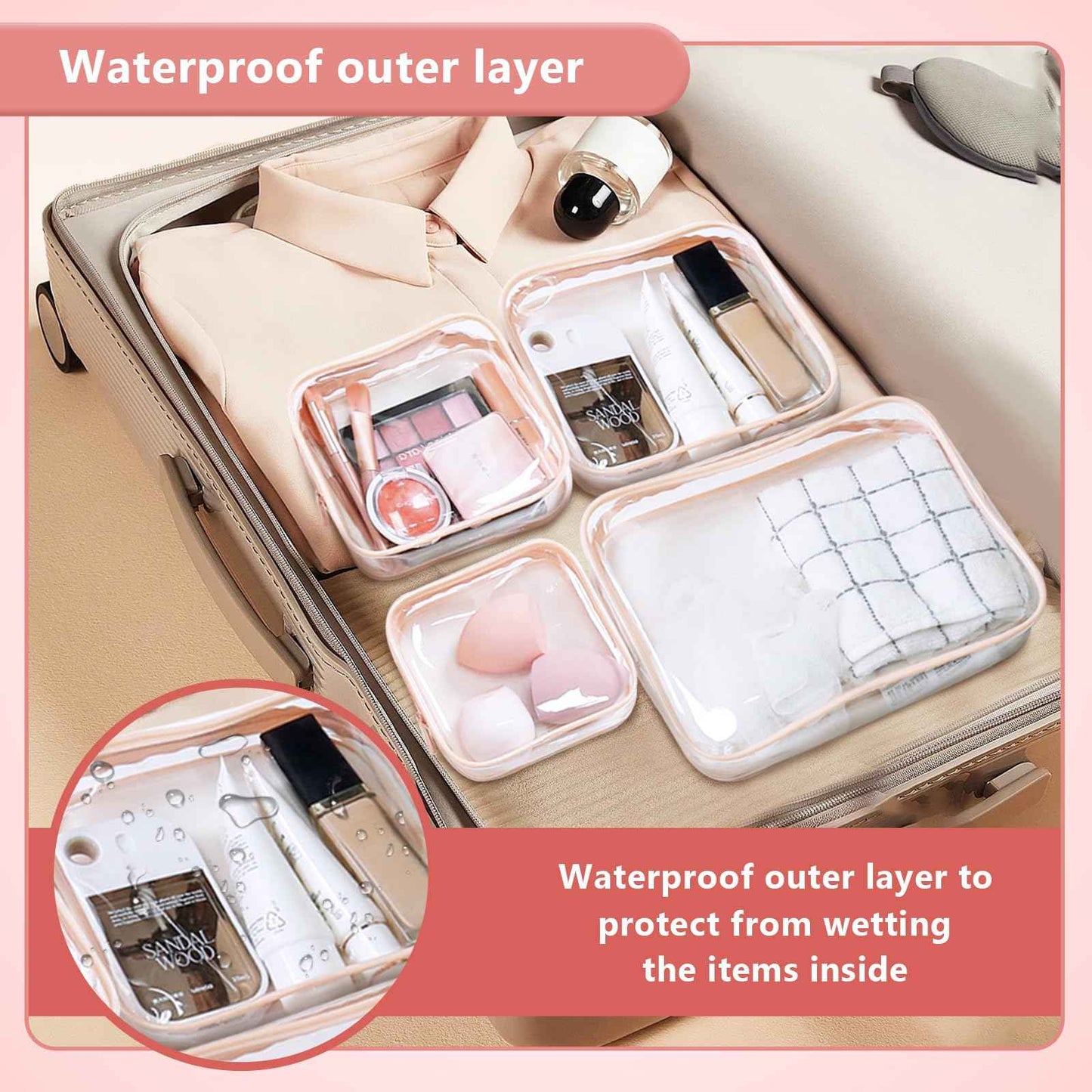 EVDIAGD Clear Cosmetic Bag, 4 Pcs Waterproof Clear Plastic Cosmetic Makeup Bags,Transparent Packing Organizer Storage Bags,Christmas Gift for Mother,Wife,Grilfriends(Pink).