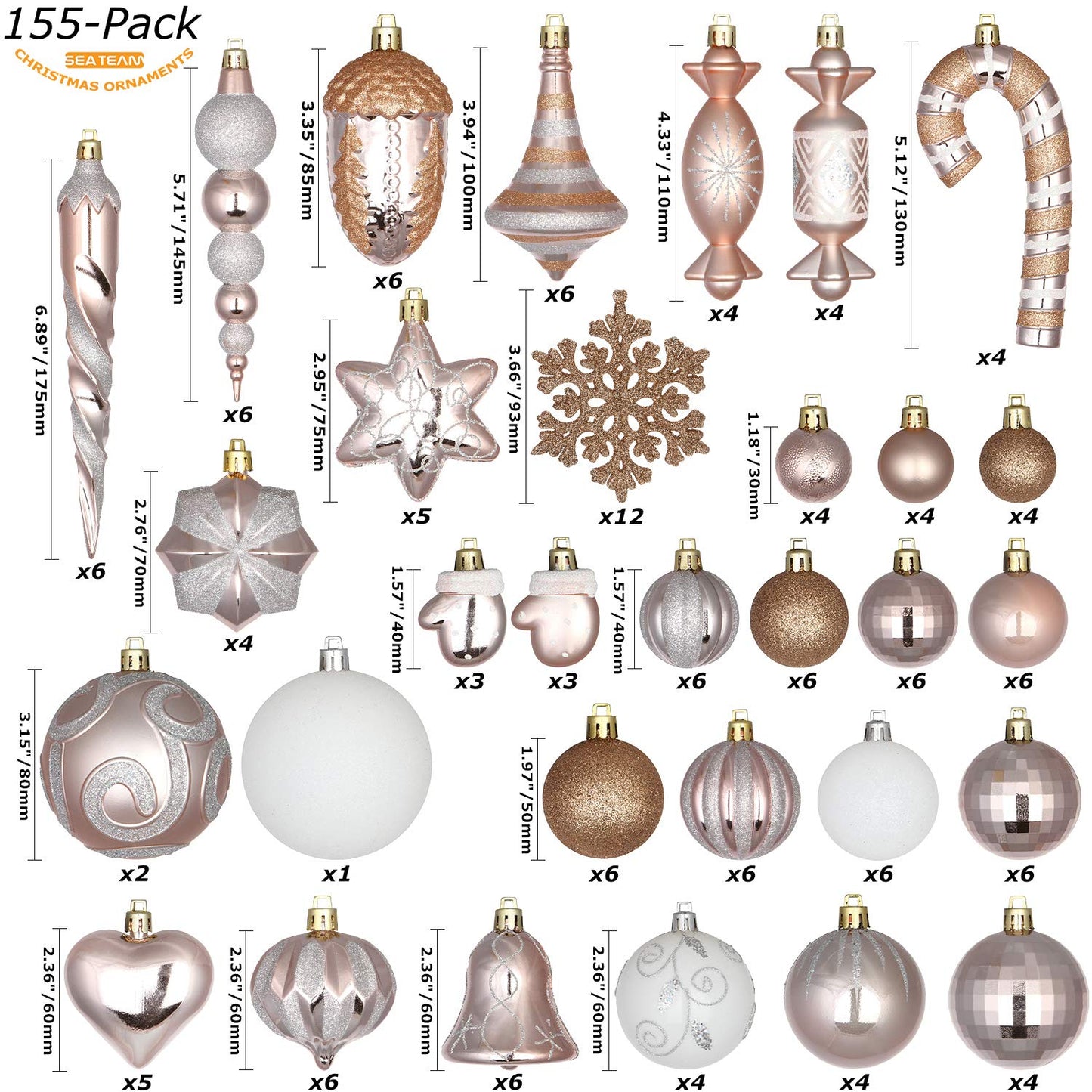 Sea Team 155-Pack Assorted Shatterproof Christmas Ball Ornaments Set Decorative Baubles Pendants with Reusable Hand-held Gift Package for Xmas Tree (Rose Gold)