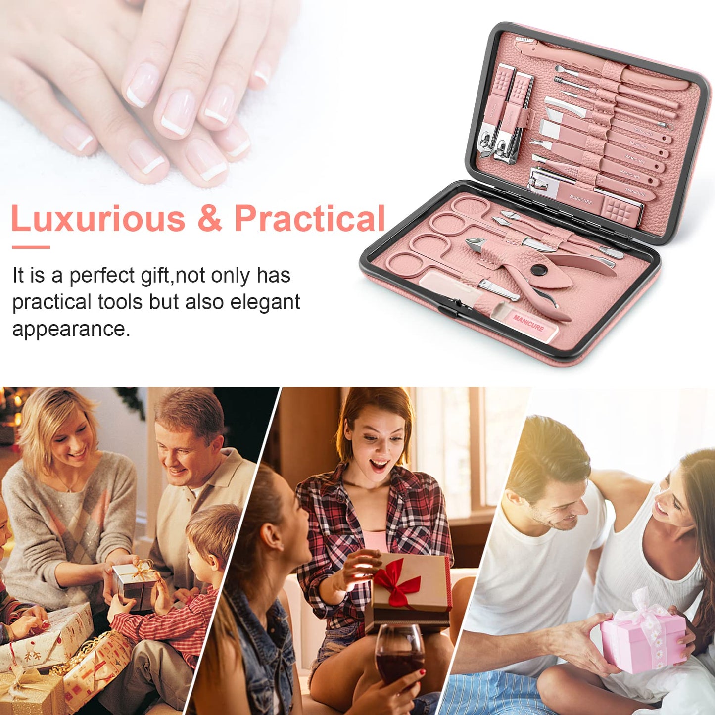 Manicure Set Professional Pedicure Kit Nail Clippers Kit - 18 pcs Nail Care Tools - Grooming Kit with Luxurious Upgraded Travel Case(Pink)