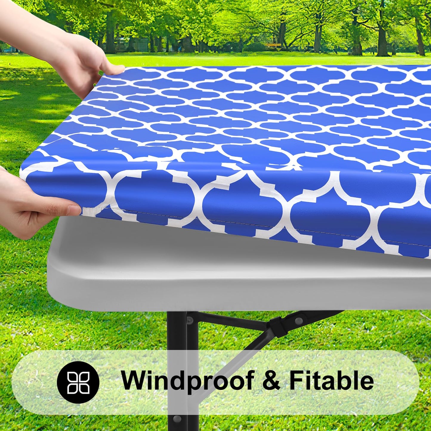 smiry Rectangle Picnic Tablecloth, Waterproof Elastic Fitted Table Covers for 4 Foot Tables, Wipeable Flannel Backed Vinyl Tablecloths for Camping, Indoor, Outdoor (Blue Morocco, 30x48 Inches)