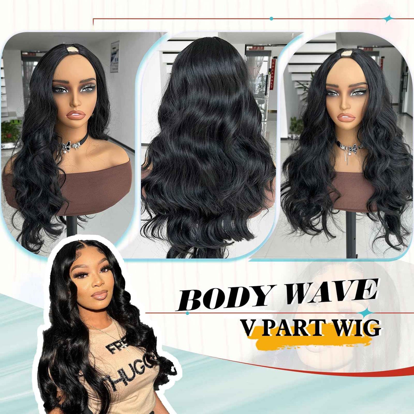 KRSI Black V Part Wig 24" Long Body Wave Synthetic U V Part Half Wigs Glueless Upgrade U Part Wig Glueless Full Head Clip in Hair Extensions for Black Women