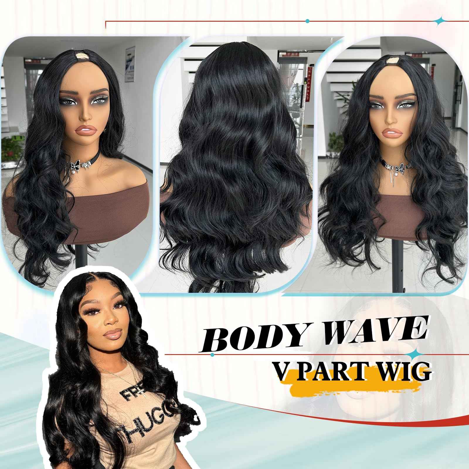 KRSI Black V Part Wig 24" Long Body Wave Synthetic U V Part Half Wigs Glueless Upgrade U Part Wig Glueless Full Head Clip in Hair Extensions for Black Women