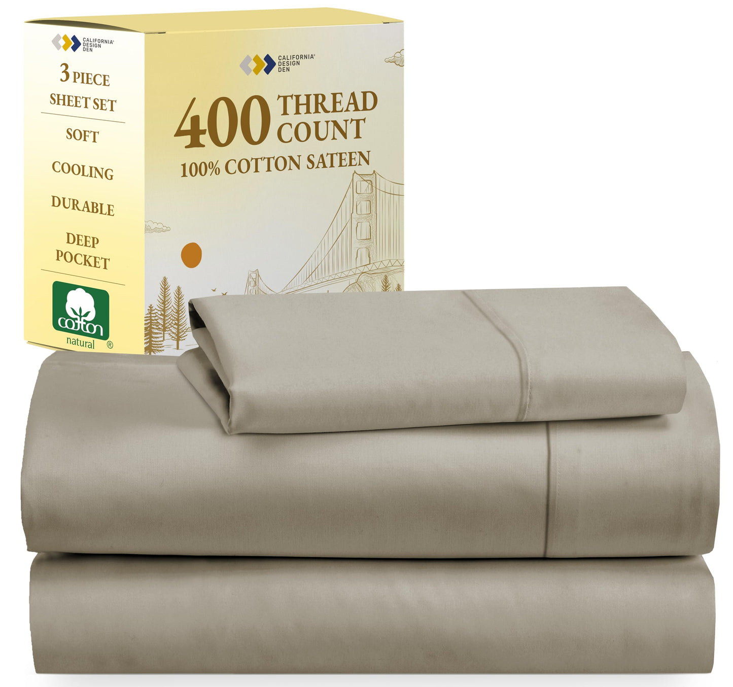 California Design Den Softest 100% Cotton Sheets, Twin Sheets Set, 400 Thread Count Sateen Bedding for Dorm Rooms & Adults, Deep Pocket Sheets, Cooling Sheets, Twin Bed Sheets (Taupe)