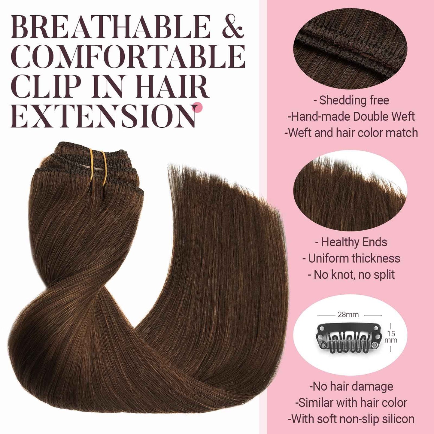 MAXITA Human Hair Clip in Extensions, Chocolate Brown 16 Inch 5pcs 75g, Remy Clip in Hair Extensions Real Human Hair Extensions Natural Straight Hair Extensions for Woman