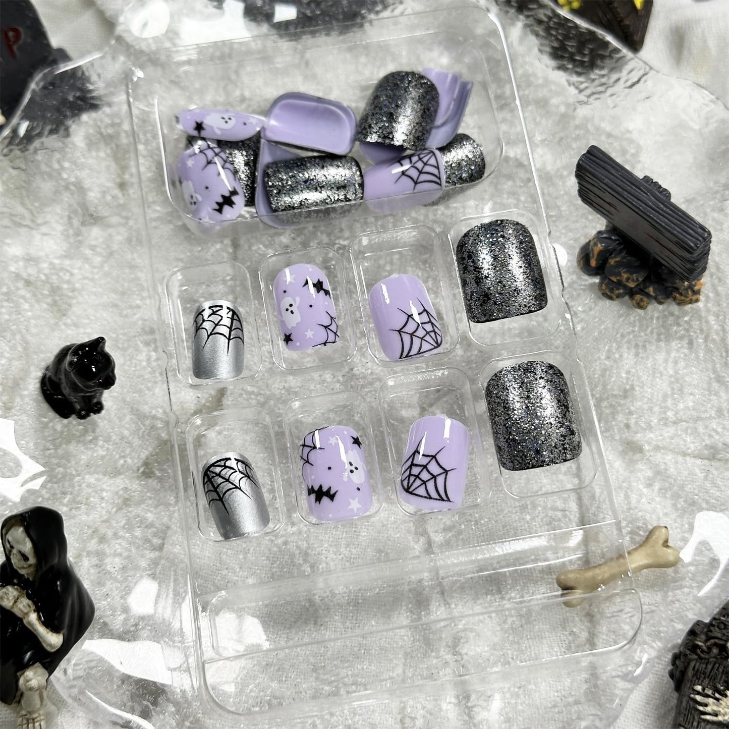 Halloween Purple Press on Nails Short Square Fake Nails with Black Glitter Design Halloween Glue on Nails Full Cover Halloween Nails Stick on Nails for Women Halloween Nail Art Decoration 24Pcs