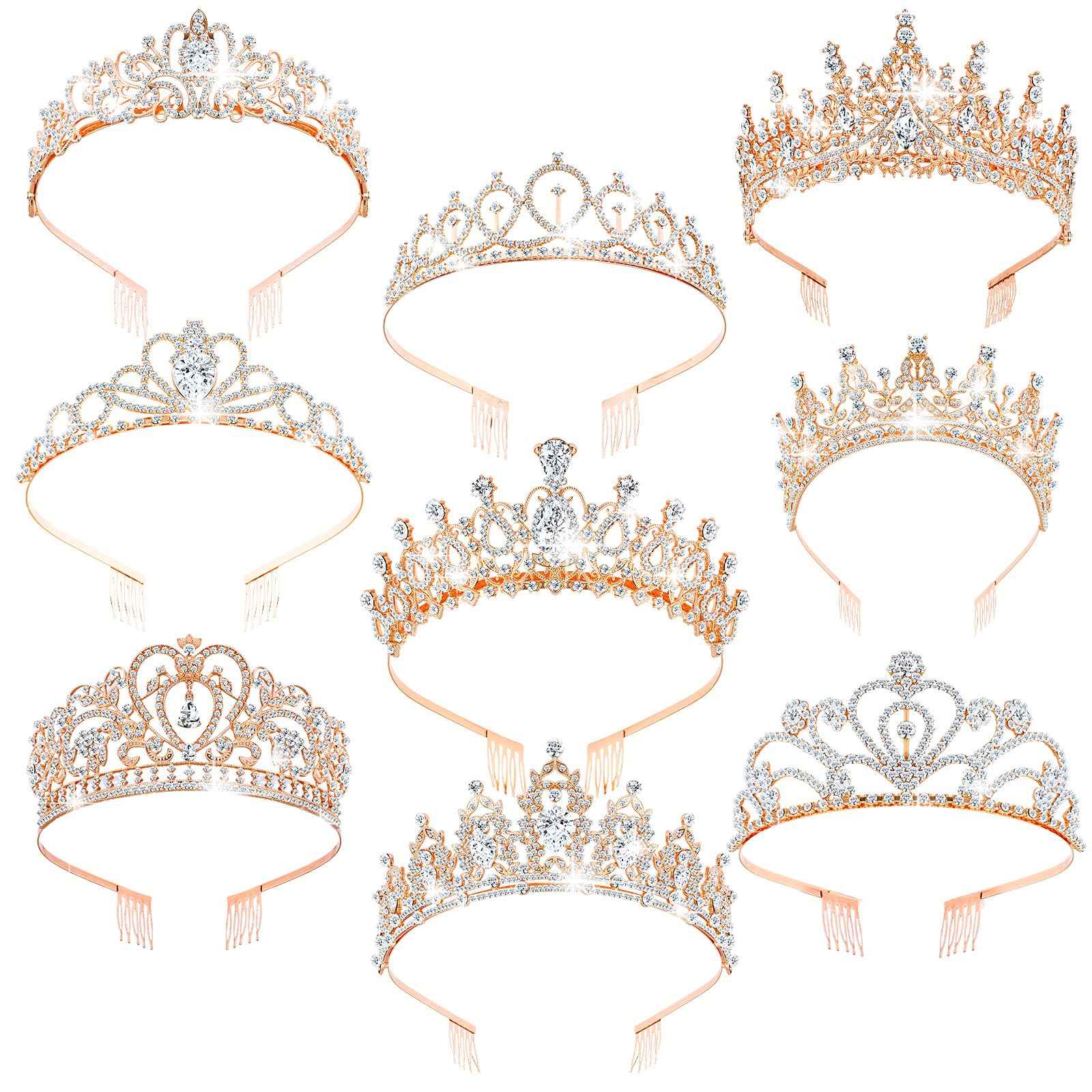 Zeyune 9 Pcs Tiaras and Crowns for Women Bulk Crystal Princess Tiara Rhinestone Brides Crown with Combs for Wedding Birthday Quinceanera Pageant Prom Hair Accessories(Rose Gold)