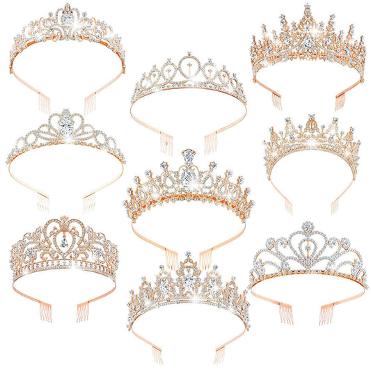 Zeyune 9 Pcs Tiaras and Crowns for Women Bulk Crystal Princess Tiara Rhinestone Brides Crown with Combs for Wedding Birthday Quinceanera Pageant Prom Hair Accessories(Rose Gold)
