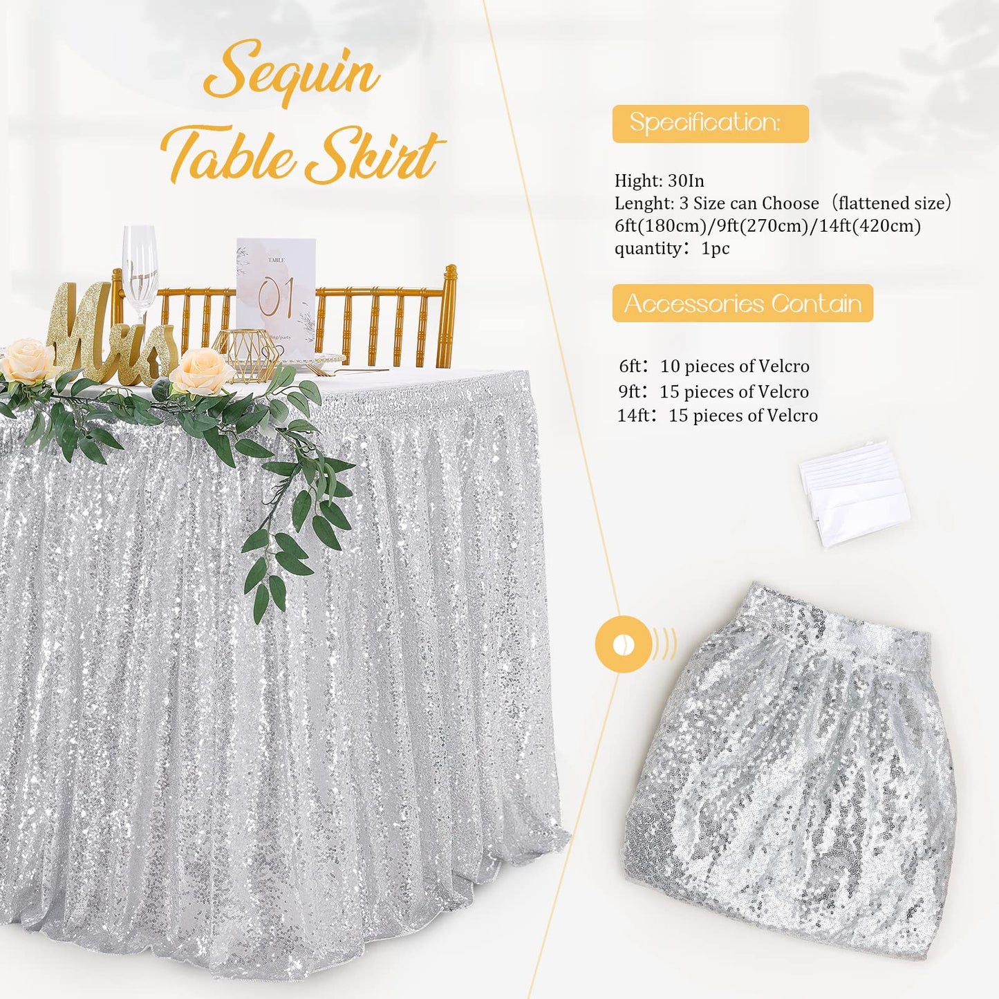 Glitter 14ft Silver Table Skirt for Rectangle Table Sequin Christmas Table Skirt for Party Baby Shower Birthday Dessert Table Exhibition Reception