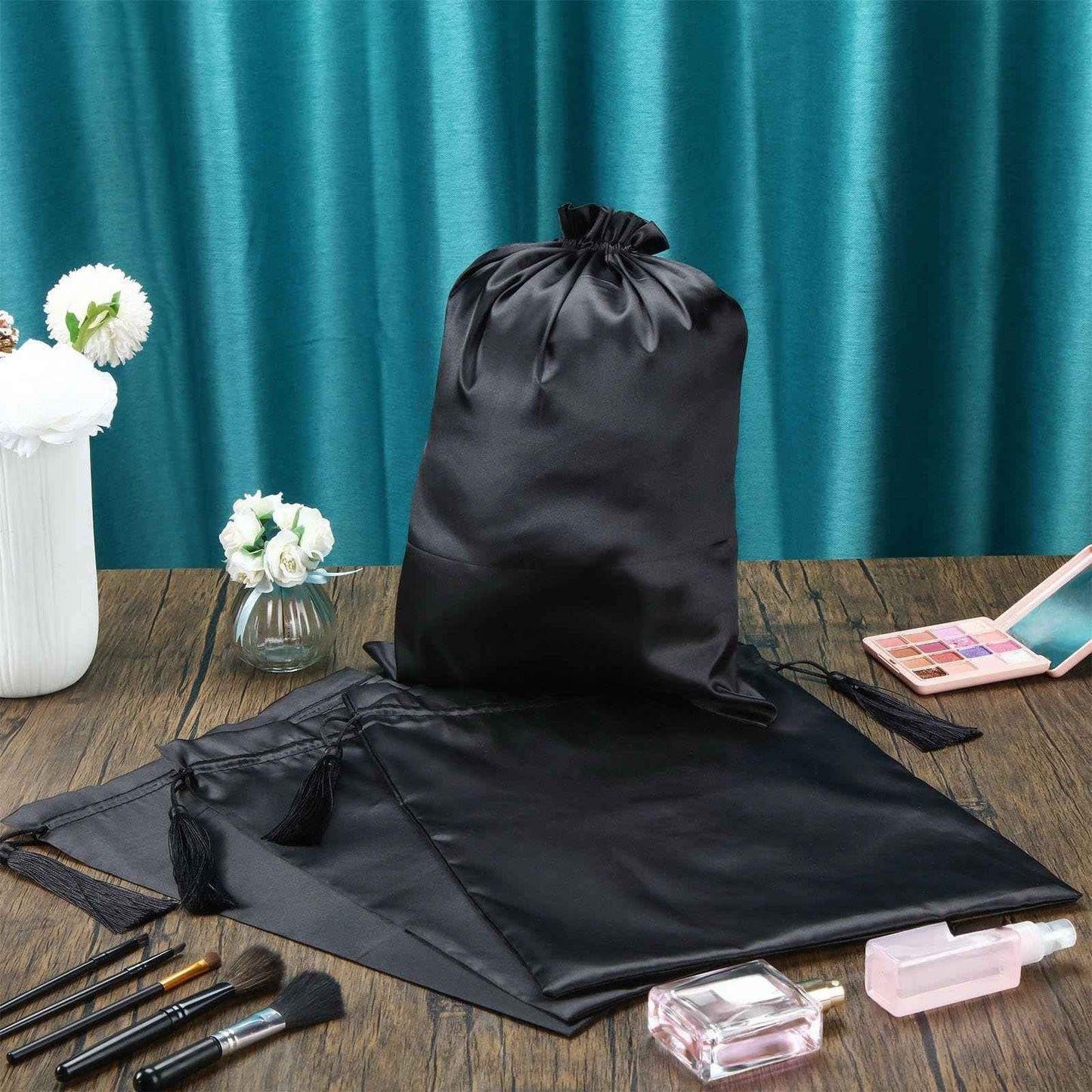 Shappy 4 Pieces Silk Satin Wig Bag Black Hair Bags with Drawstring Tassel Stuff Satin Black Gift Travel Storage for Packaging Bundles Extension Home Salon Travel