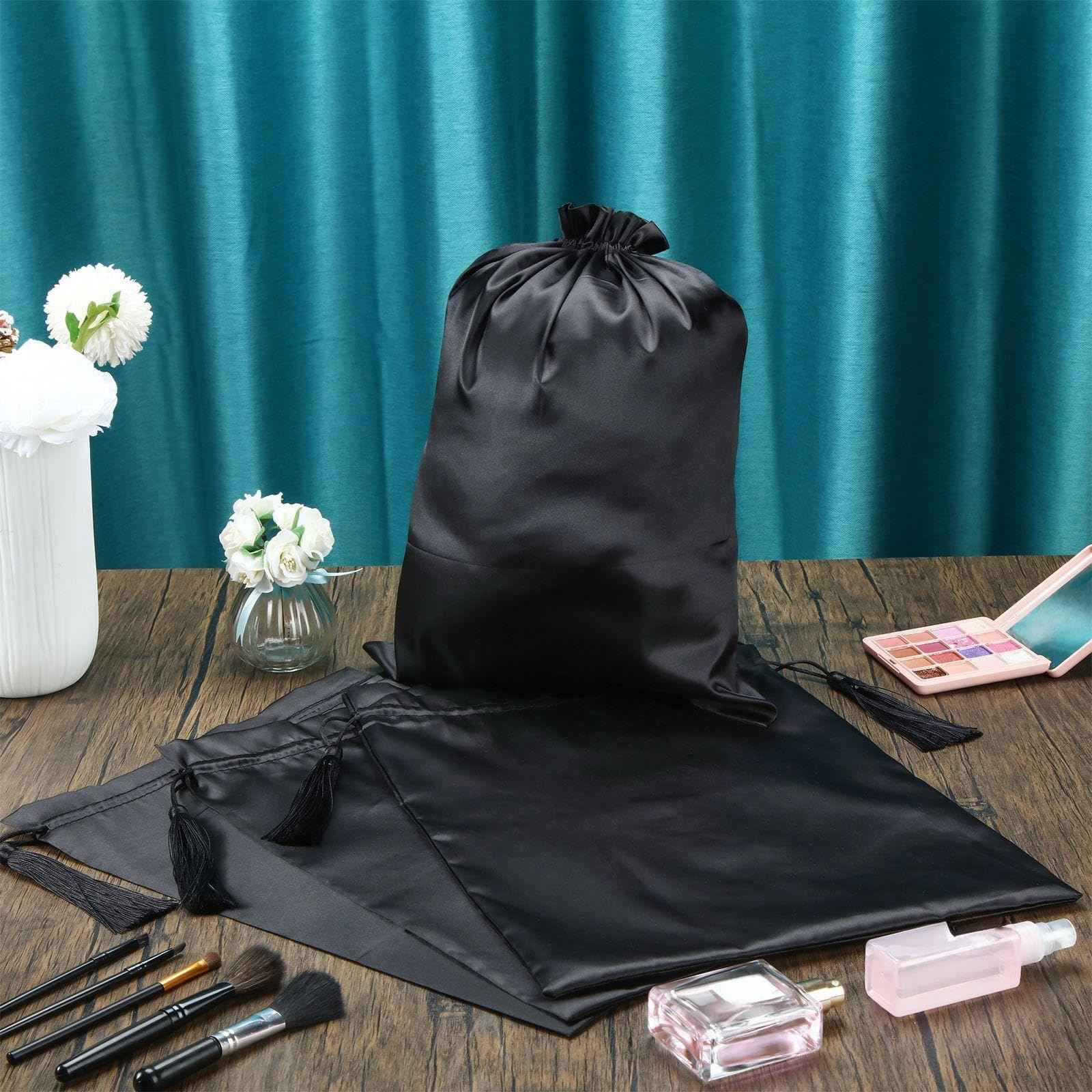 Shappy 4 Pieces Silk Satin Wig Bag Black Hair Bags with Drawstring Tassel Stuff Satin Black Gift Travel Storage for Packaging Bundles Extension Home Salon Travel