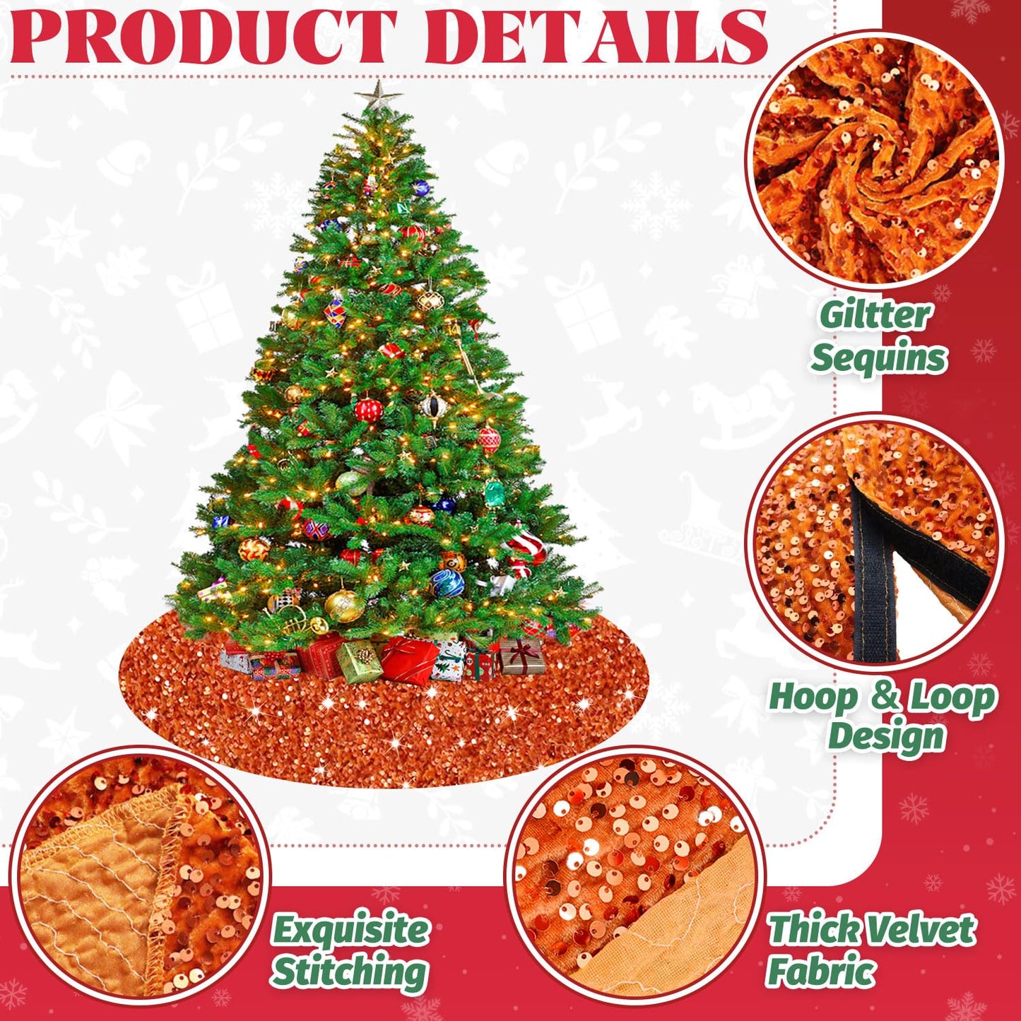 WUPIOS Burnt Orange Christmas Tree Skirt Halloween 60In Tree Skirt for Holiday Large Fall Tree Skirts Happy Thanksgiving Tree Skirt Cover Embroidered Sequin Xmas Tree Skirts for Home Decoration Supply