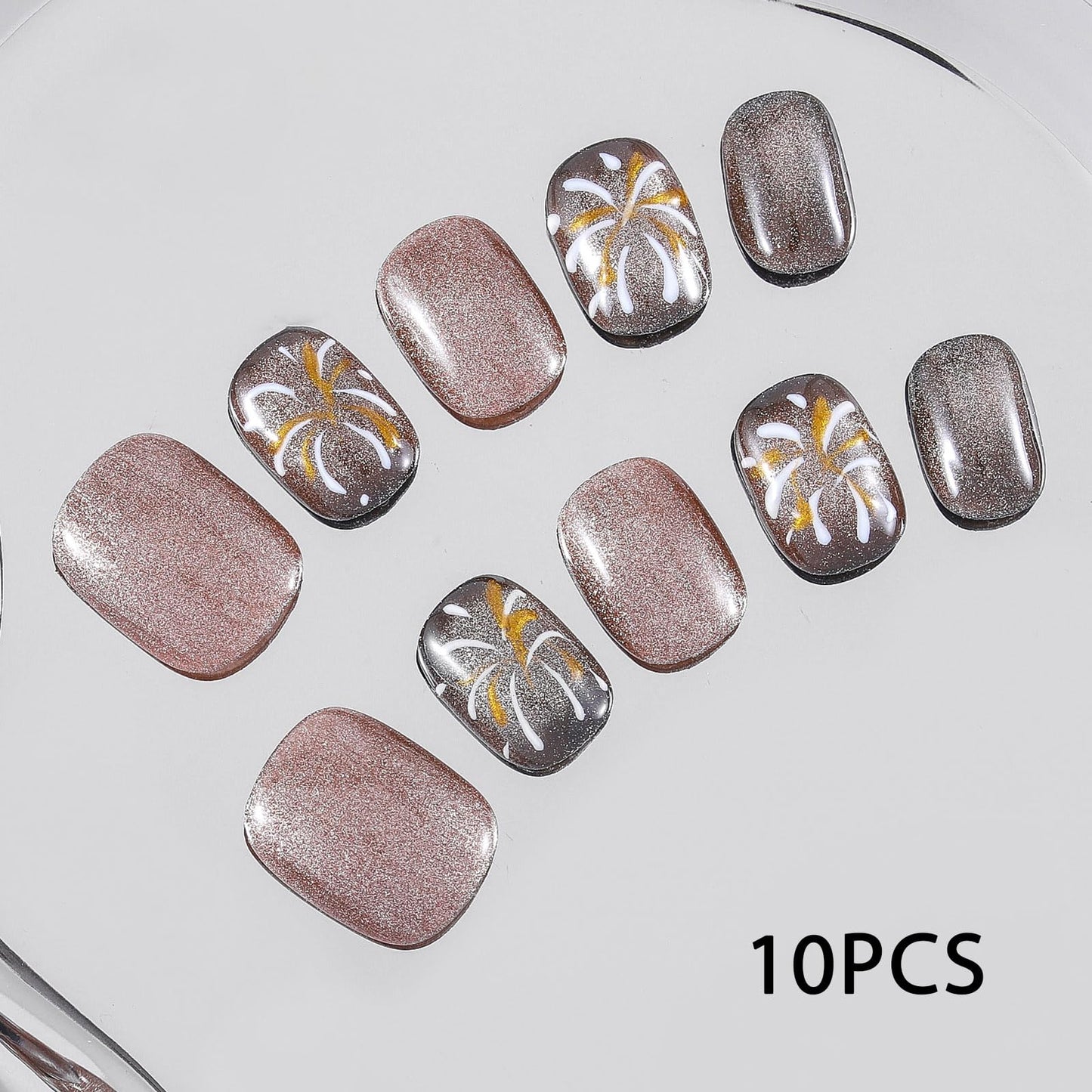 Sethexy Brown Cat Eye Handmade Press On Nails Short Coffin Hand-painted False Nail Salon Acrylic Glossy for Women and Girls 10PCS (Brown2)