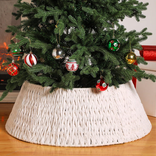 Preboun 28" Boho Christmas Tree Collar Farmhouse White Woven Christmas Tree Skirts Bottom Diameter Base Cover Rustic Christmas Tree Ring for Christmas Tree Decoration