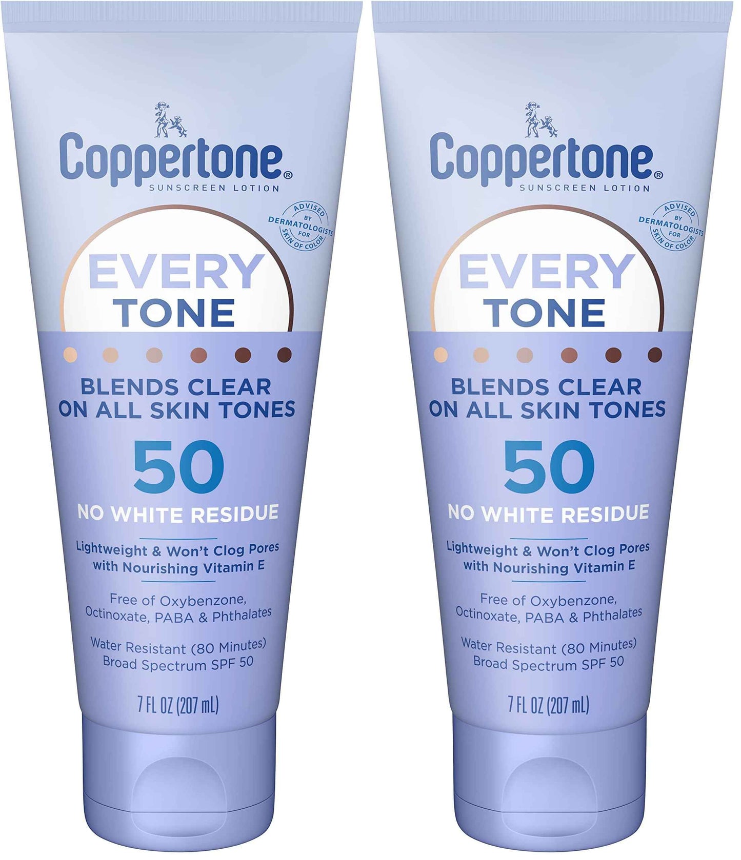 Coppertone Every Tone Sunscreen Lotion SPF 50, Lightweight, Rubs on Clear Sunscreen for All Skin Tones, Formulated with Nourishing Vitamin E, 7 Fl Oz Tube (Pack of 2)
