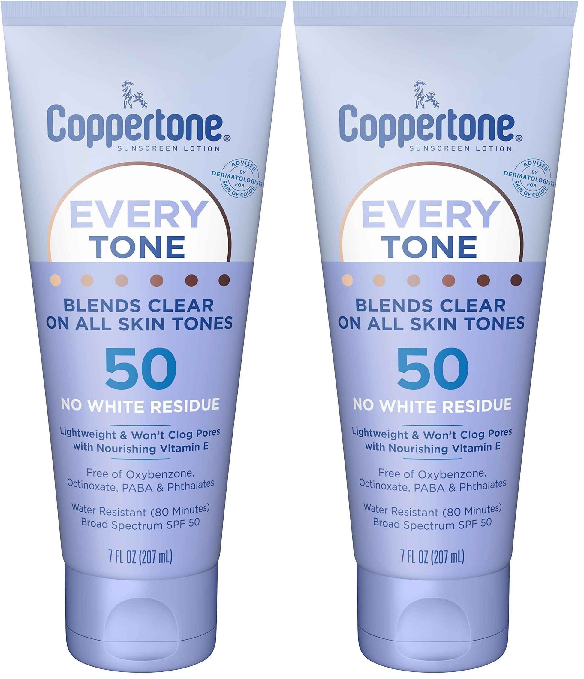 Coppertone Every Tone Sunscreen Lotion SPF 50, Lightweight, Rubs on Clear Sunscreen for All Skin Tones, Formulated with Nourishing Vitamin E, 7 Fl Oz Tube (Pack of 2)