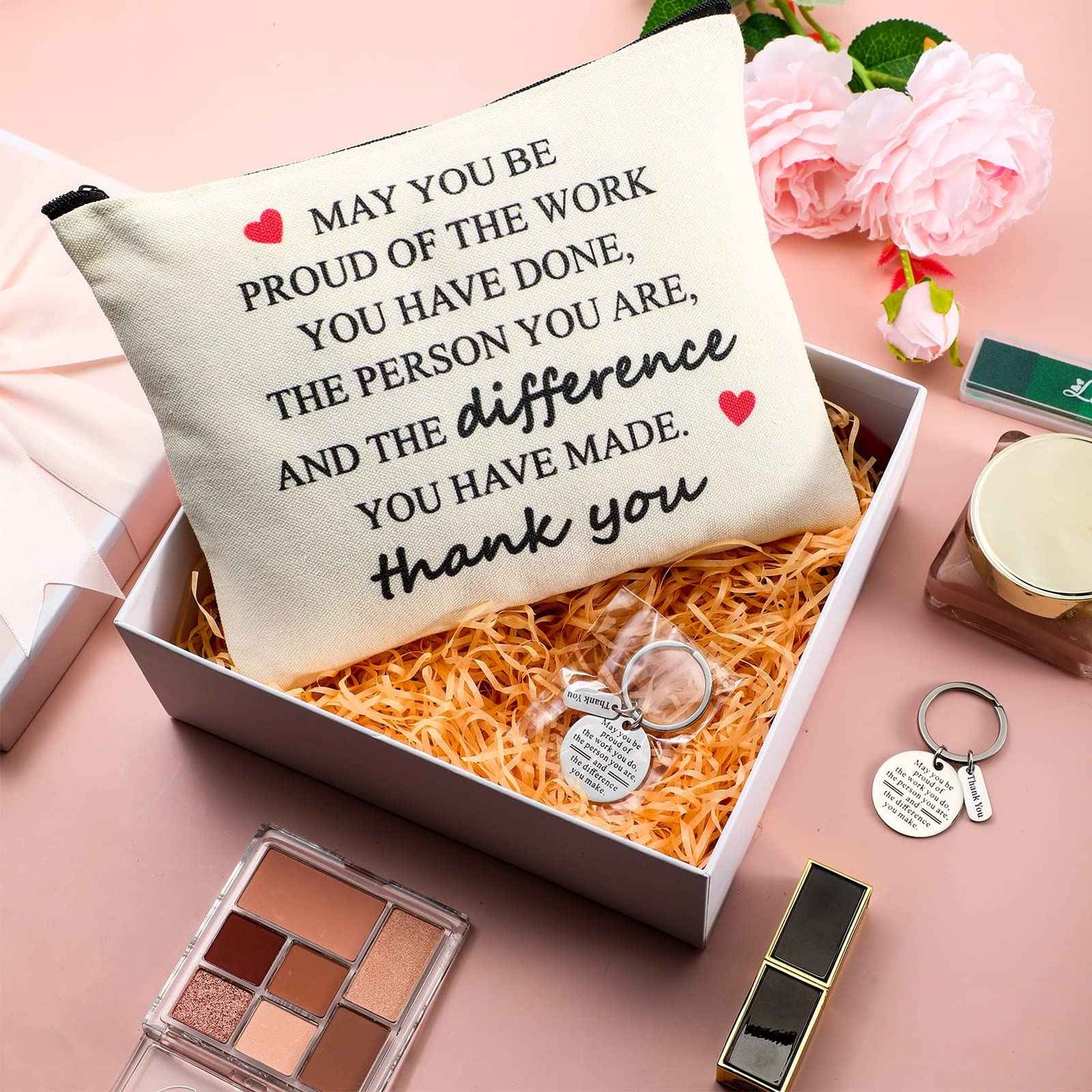 Geosar 16 Pcs Employee Appreciation Gifts Bulk Thank You Gifts for Women with 8 Inspirational Makeup Bags and 8 Thank You Keychains for Nurse Medical Assistant Grandmother Teachers Coworkers Staff