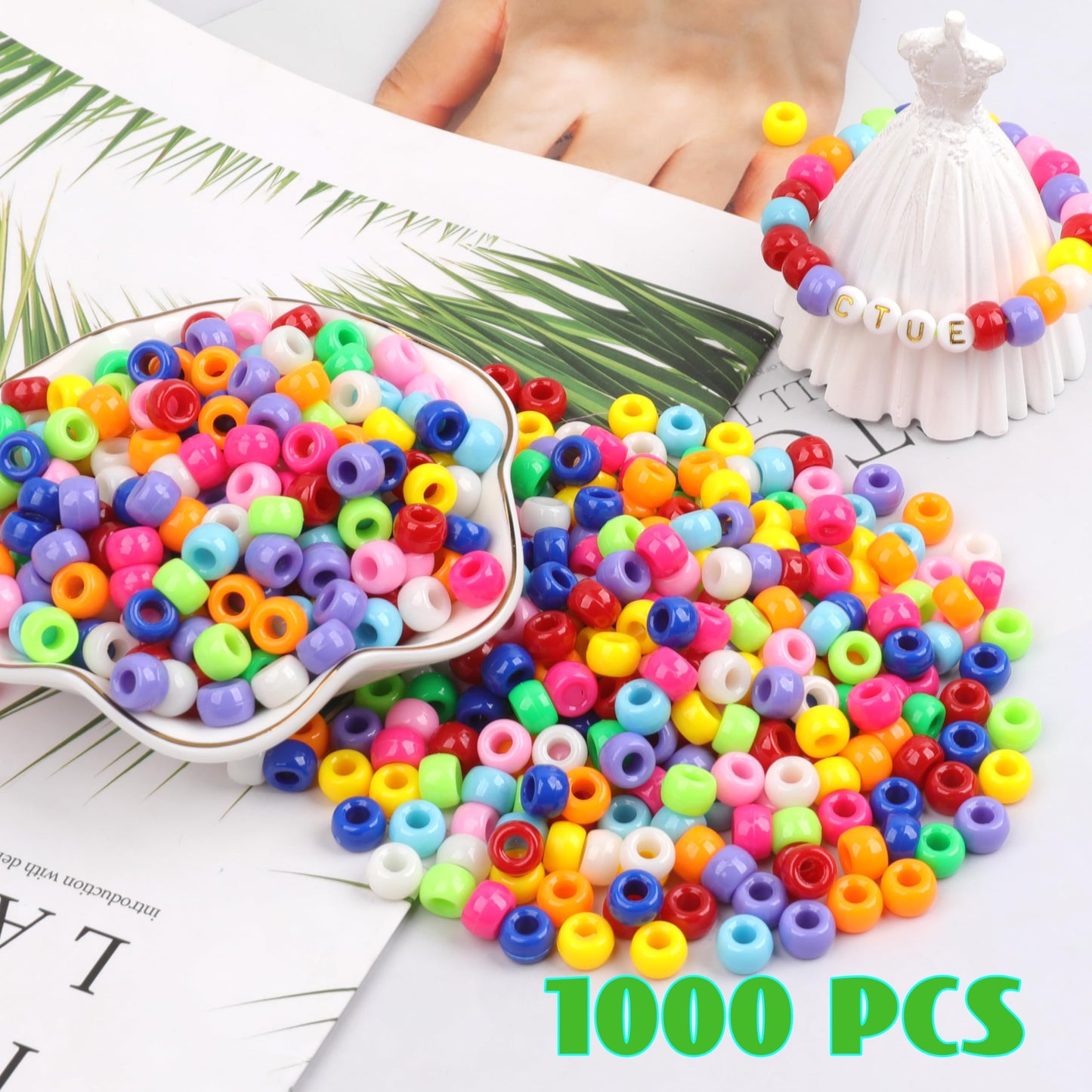 Auvoau 1000Pcs Pony Beads Bracelet 9mm Rainbow Plastic Barrel Pony Beads for Necklace,Hair Beads for Braids for Girls,Key Chain,Jewelry Making (Multicolor)