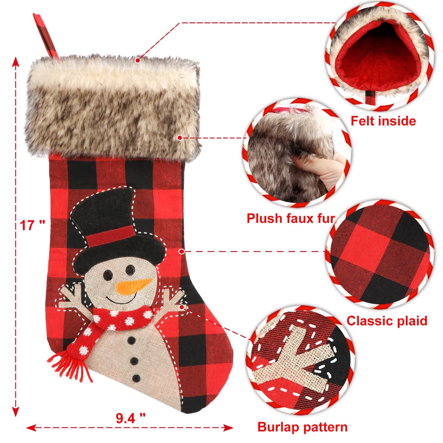 GUDELAK Buffalo Plaid Christmas Stockings, 3 Pack 18 Inches Red and Black Plaid Christmas Decor, Rustic Christmas Stockings with Plush Faux Fur Cuff for Kids Family Farmhouse Christmas Tree Decoration