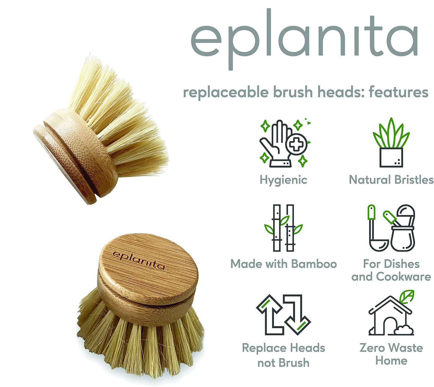 eplanita Replacement Brush Heads (Pack of 4) for Bamboo Dish Brush, Sisal Bristle Refills, Agave Cactus Fibres, Kitchen Eco Scrubber, Plastic Free Washing Up, Zero Waste Cleaning