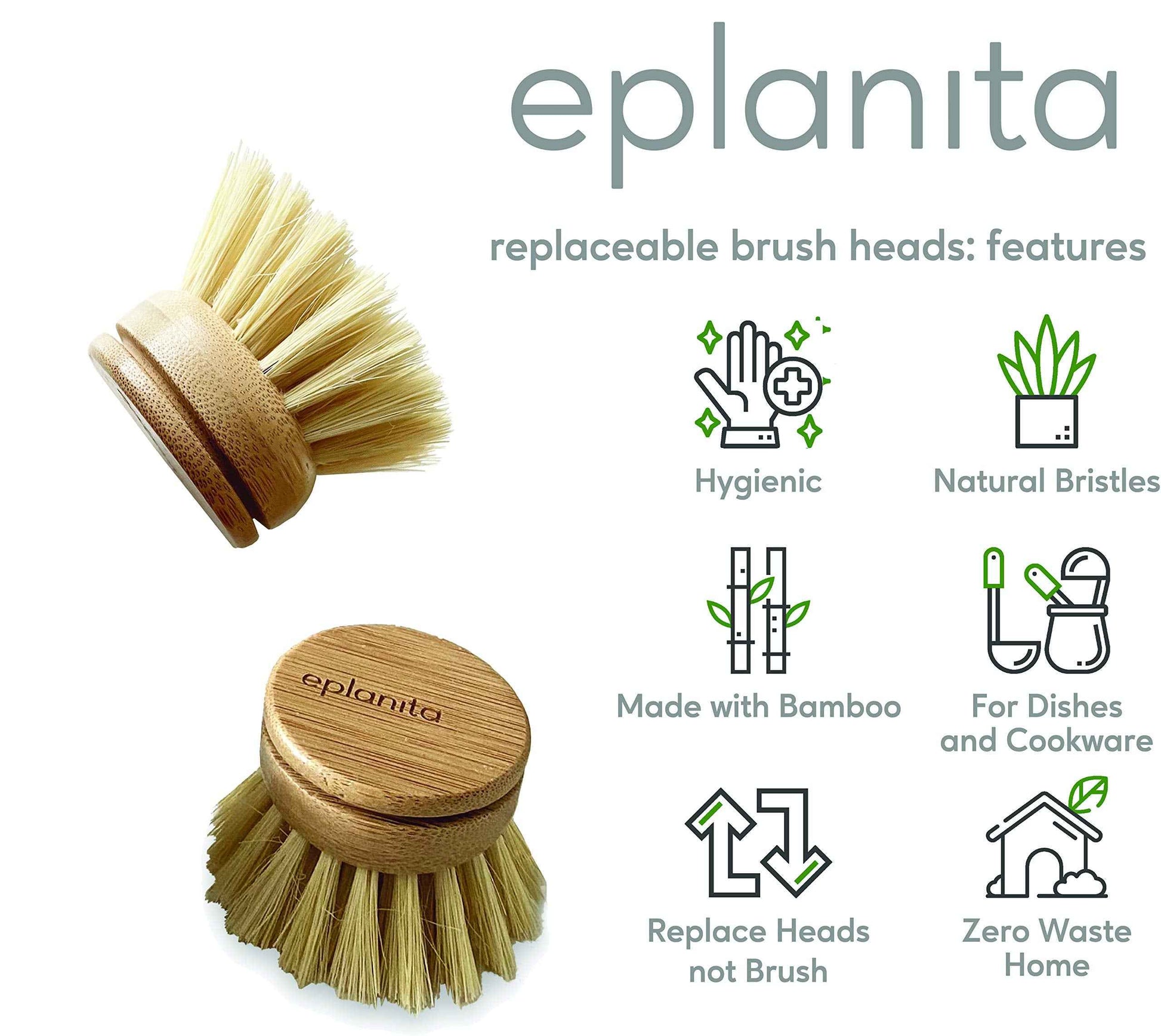eplanita Replacement Brush Heads (Pack of 4) for Bamboo Dish Brush, Sisal Bristle Refills, Agave Cactus Fibres, Kitchen Eco Scrubber, Plastic Free Washing Up, Zero Waste Cleaning