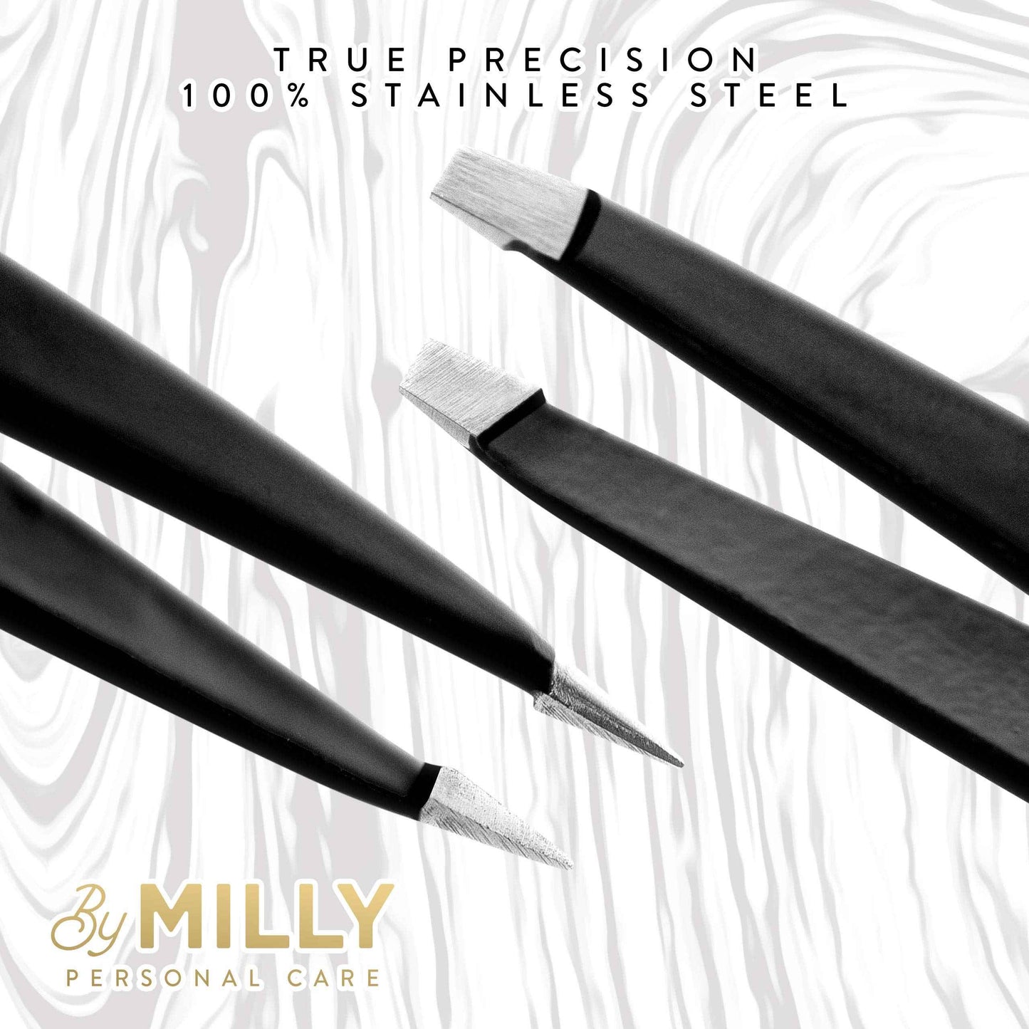 By MILLY Precision Tweezers Set | Slanted & Pointed Tip Tweezers Kit | High Carbon Stainless Steel | Aligned & Hand-Filed Tweezer Set Professional | Hair Removal & Eyebrow Tweezer Set | Black