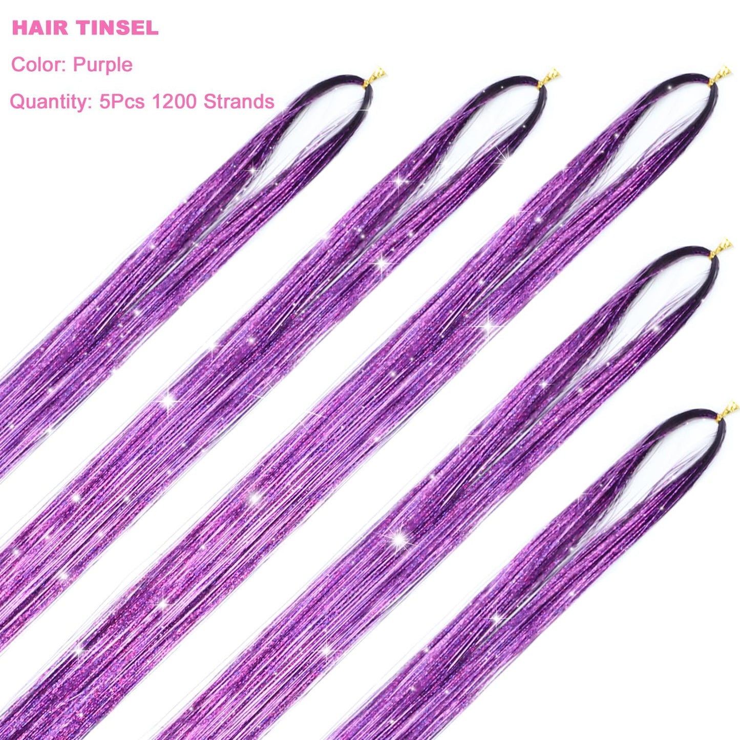 Purple Hair Tinsel Kit With Tools Tinsel Hair Extensions 48 Inches 1200 Strands Fairy Hair Tinsel Heat Resistant Glitter Hair Extensions Sparkling Shiny Hair Tensile for Women Girls Kids (Purple)