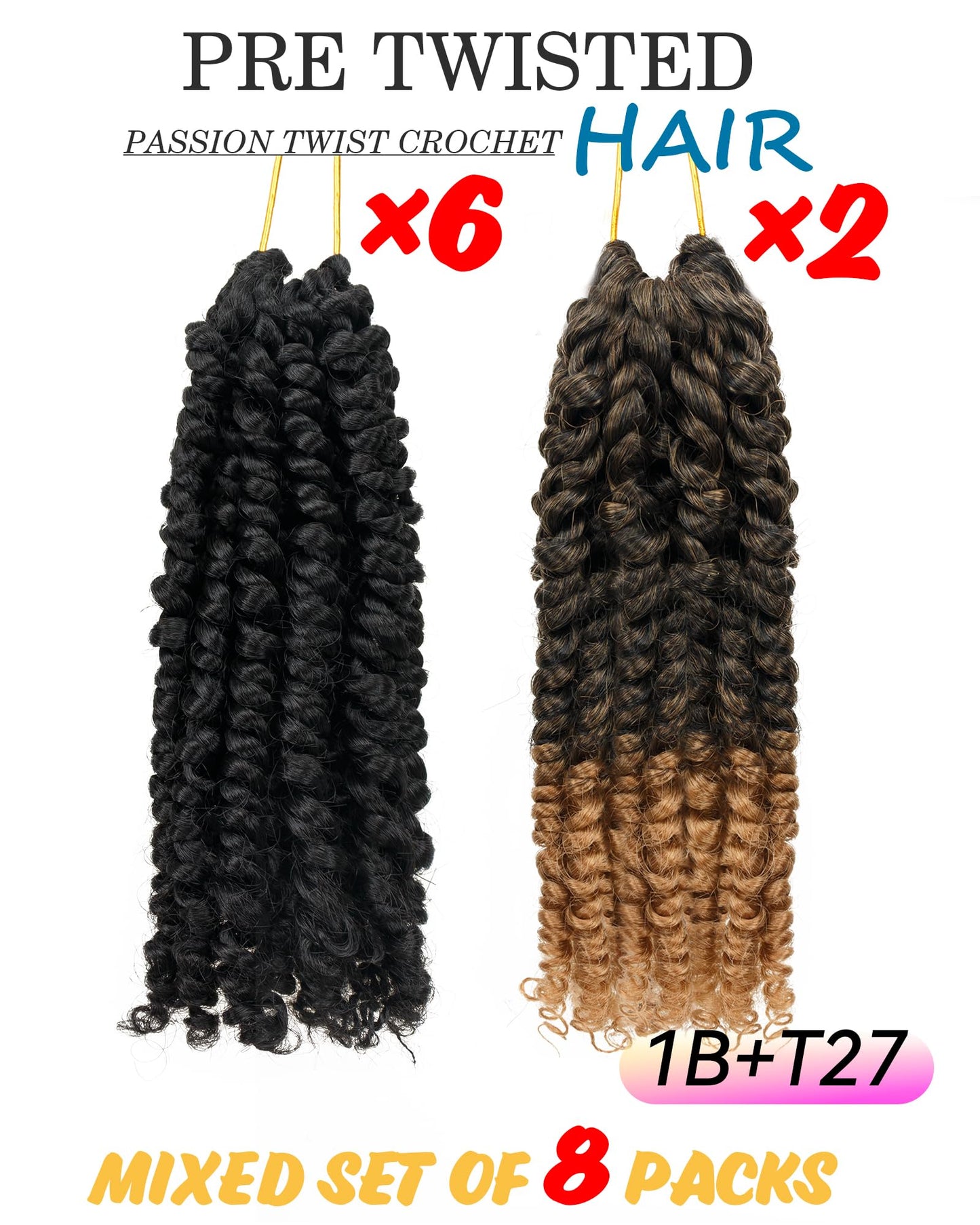 6 Inch 8 Packs Passion Twist Crochet Hair For Black Women and Kids,Mixed Colors Combo Pack,Pre Looped Pretwisted -Extensions Braided by Synthetic Spring Kinky Twist Crochet Hair (1B+T1B/27)