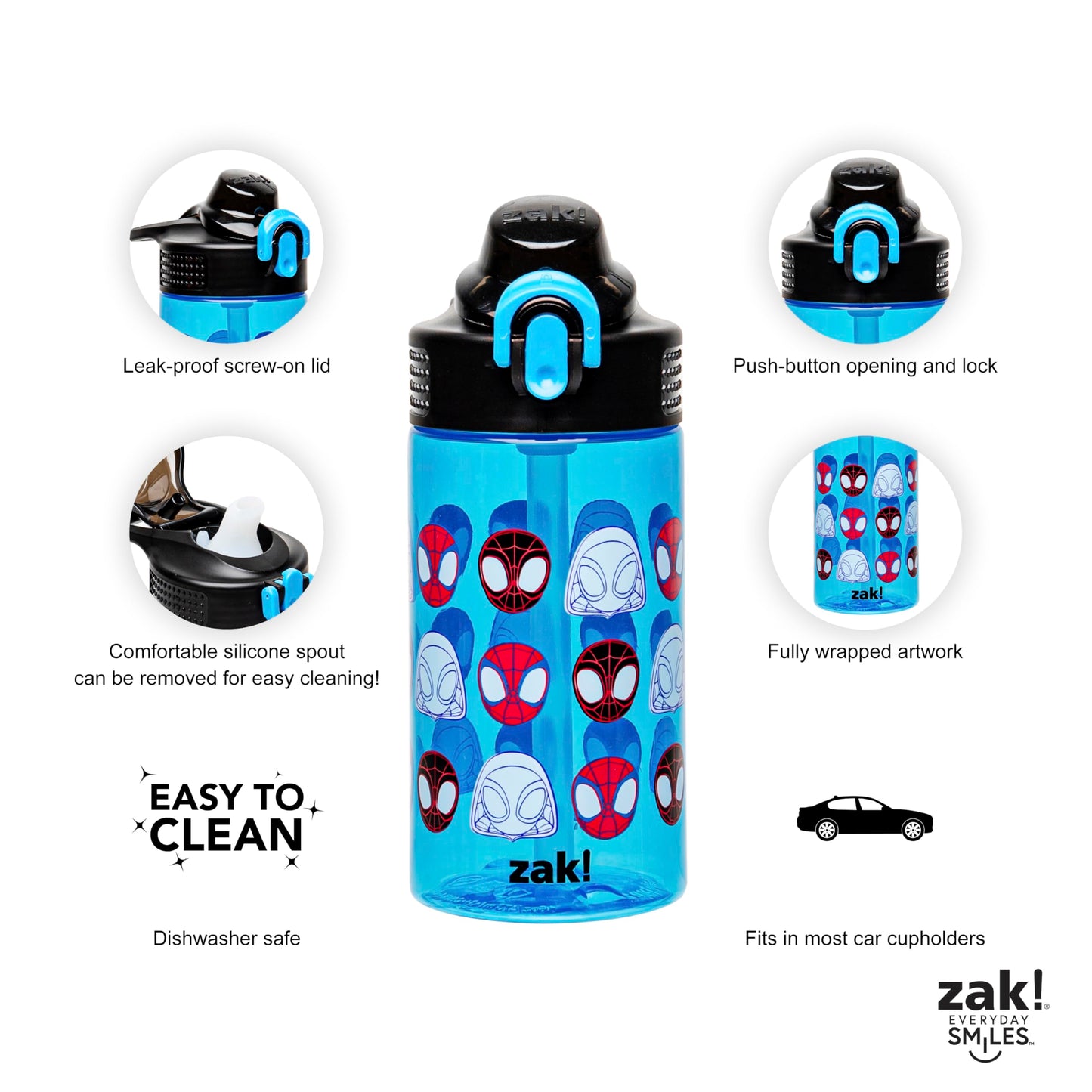 Zak Designs Sage Marvel Spider-Man Water Bottle For School or Travel, 16oz Durable Plastic Water Bottle With Straw, Handle, and Leak-Proof, Pop-Up Spout Cover (Spidey and His Amazing Friends)