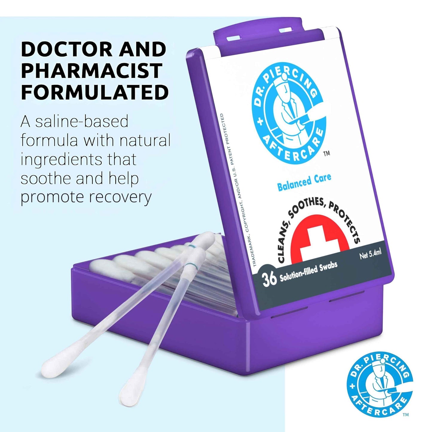 Dr. Piercing Aftercare Swabs - Saline Solution for Piercings - Earring Nose Belly Ear Piercing Cleaner - Saline Wash, Ear Hole Cleaner – Piercing Aftercare Formula - 36 Swabs