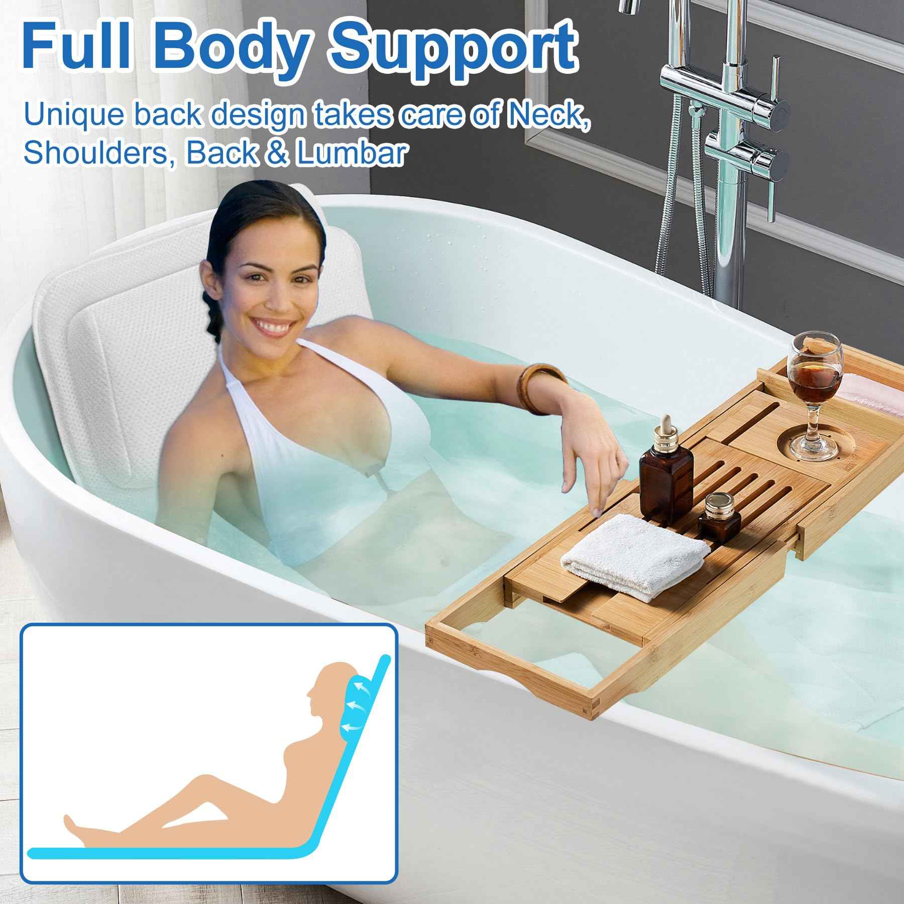 Chsuiwe Full Body Bath Pillow for Bathtub, Thick Bath Pillow for Tub with Non-Slip Suction Cups, Bathtub Cushion with Pillow, Luxury Tub Pillow for Bath, Headrest Neck and Back Support, 5D Air Mesh