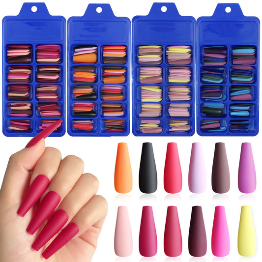 AddFavor 400pcs Coffin Press on Nails Long Ballerina Fake Nails Full Cover Matte Solid Colors Acrylic False Nail for Women Nail Art Manicure Decoration