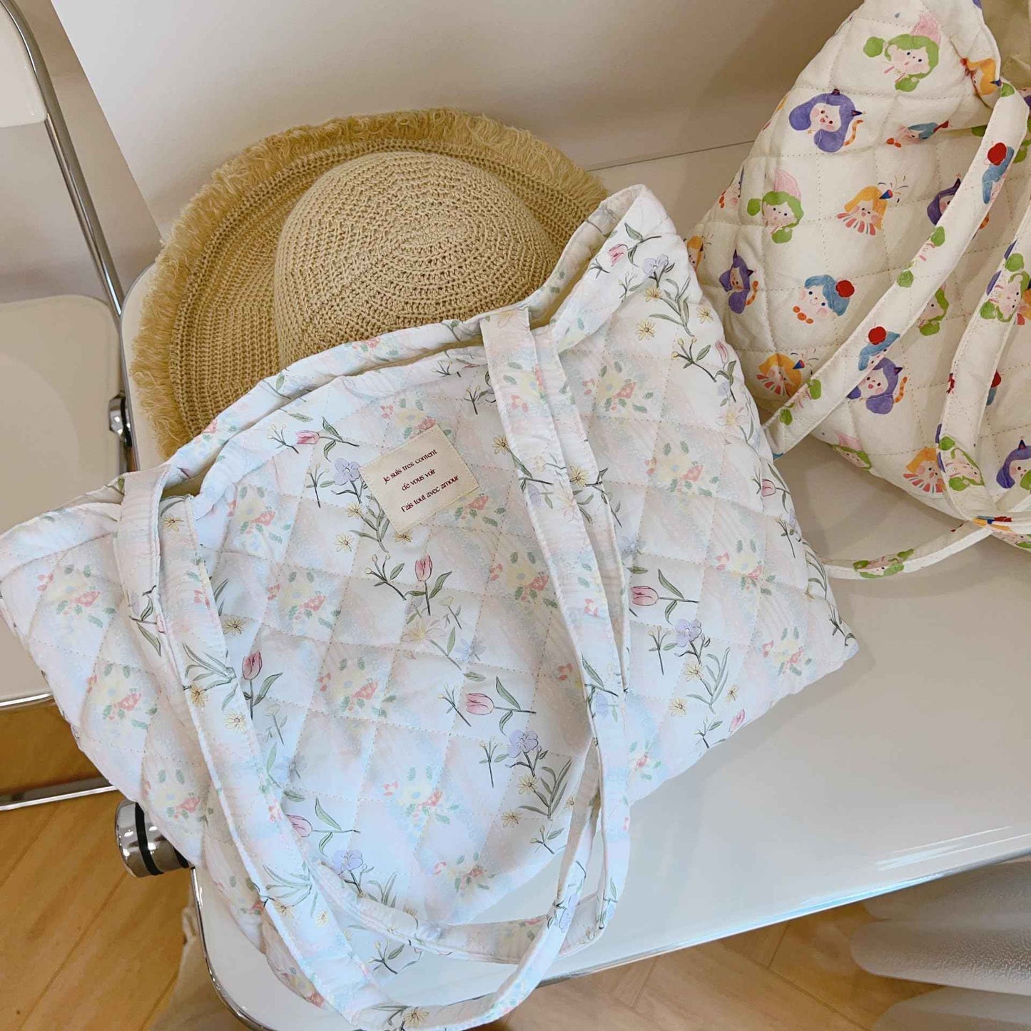 MSGHER Floral Quilted Cotton Shoulder Bag Set 3-in-1 Handbag with Matching Mini Pouch Cosmetic Bag Large Capacity Tote A053 (Striped floral)