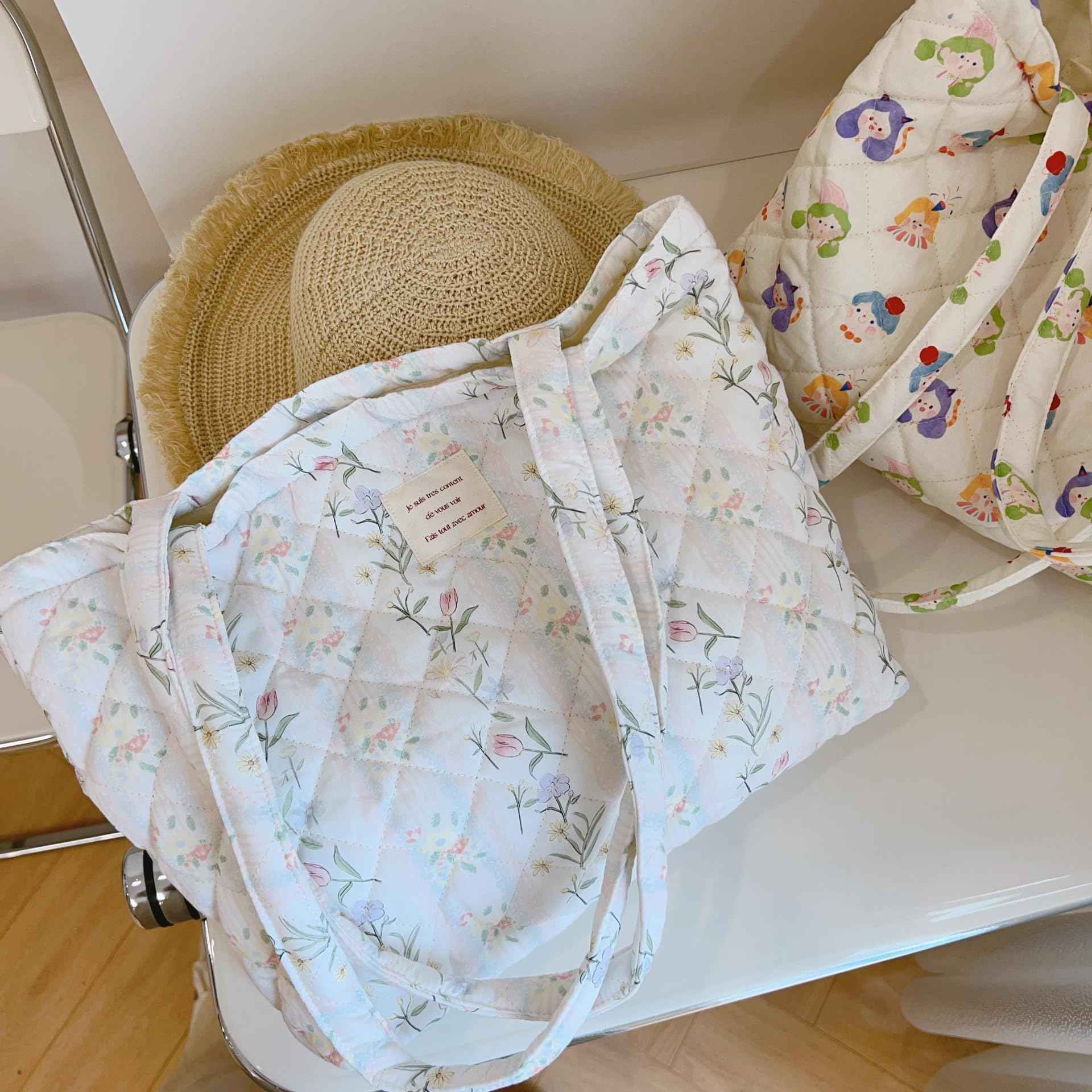 MSGHER Floral Quilted Cotton Shoulder Bag Set 3-in-1 Handbag with Matching Mini Pouch Cosmetic Bag Large Capacity Tote A053 (Striped floral)