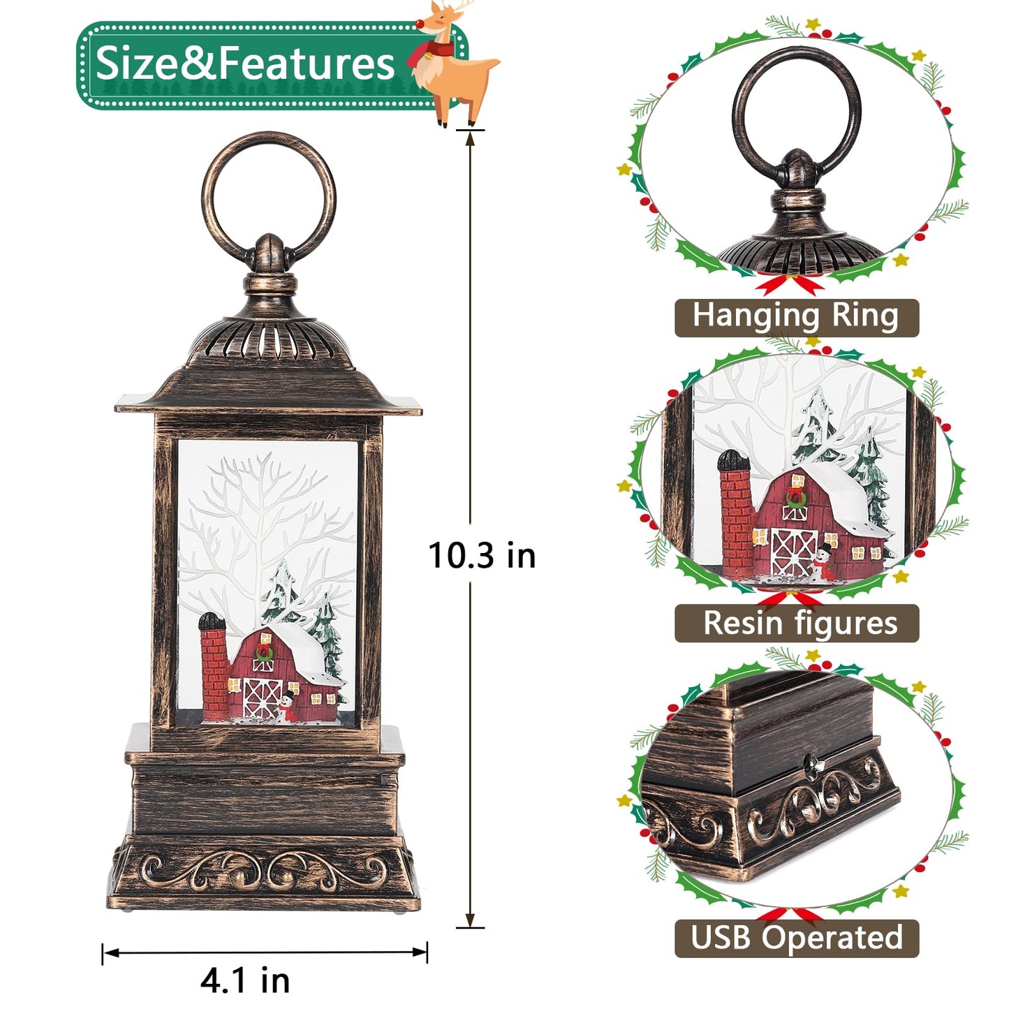 Christmas Farm Snow Globe, Musical Lighted Glitter Christmas Snow Globes, Christmas Decorations USB and Battery Operated Lantern with Music, Christmas Decor for Home