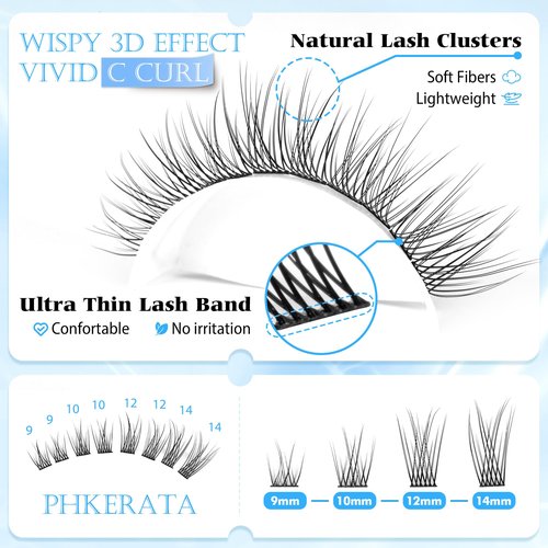PHKERATA Natural Lash Clusters Wispy Eyelash Clusters C Curl Lashes Clusters 200Pcs Individual Lashes DIY Cluster Eyelash Extensions with Soft Lash Band, 9-14 mm Mix