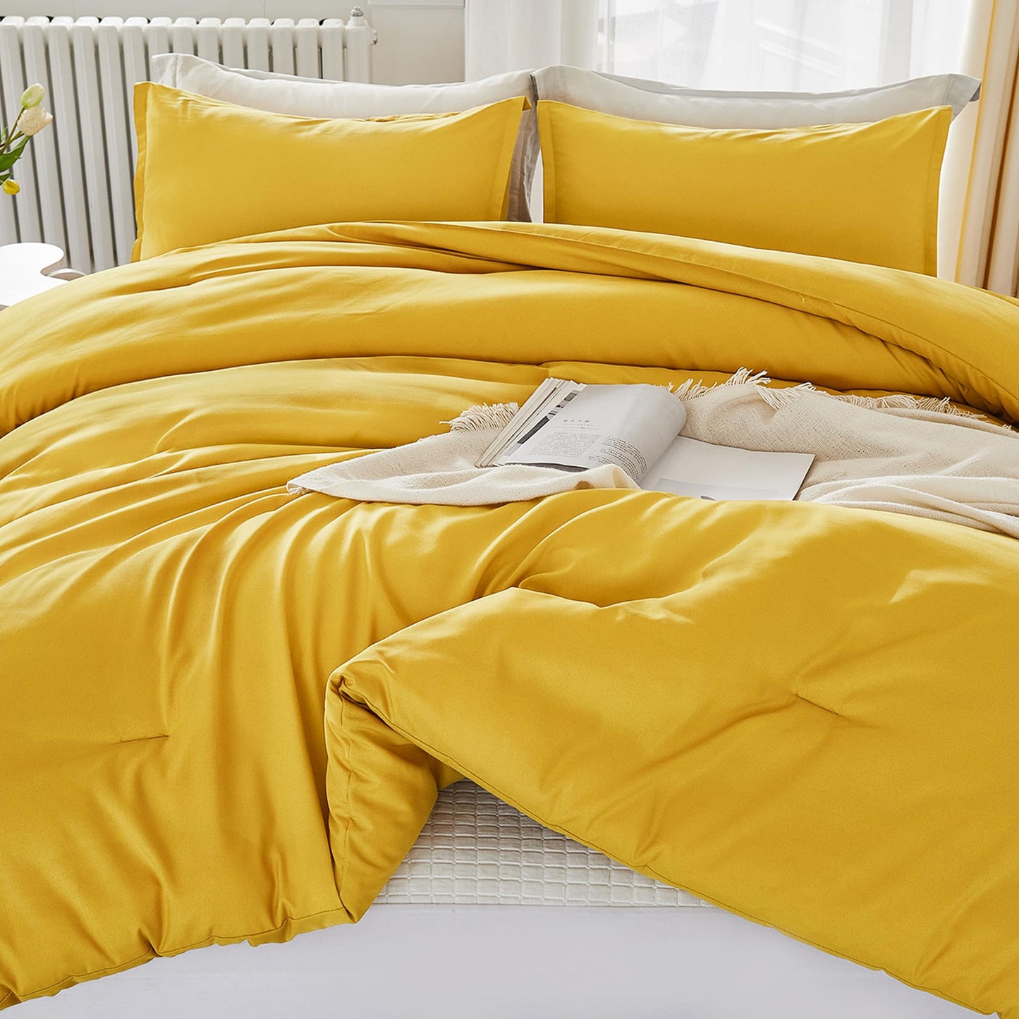 Litanika Mustard Yellow Comforter Set Twin/Twin XL Size, 2 Pieces Lightweight Solid Bedding Comforter Set, All Season Fluffy Bed Set (66x90In Comforter & 1 Pillowcase)