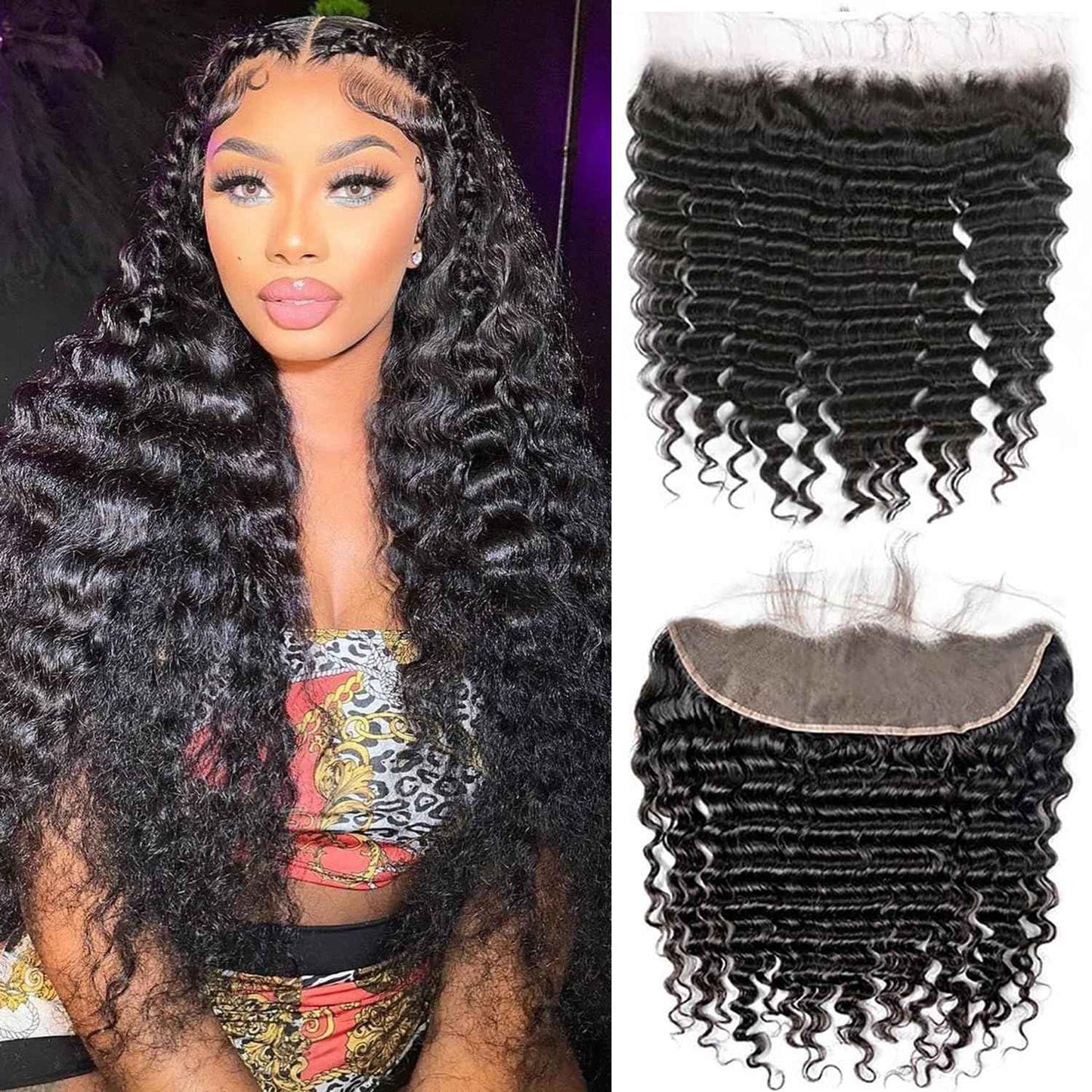 13x4 Lace Frontal Closure Ear to Ear Full Lace Frontal Closure Brazilian Deep Wave Human Hair Frontal Free Part Pre Plucked With Baby Hair 150 Density Natural Black 16 Inch