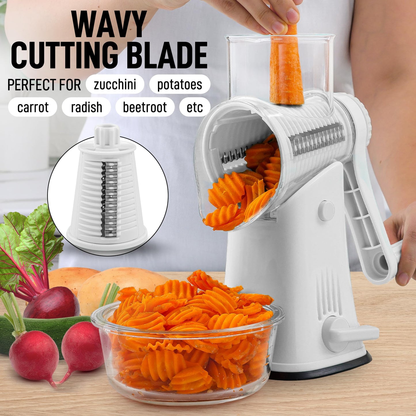 Zulay Rotary Cheese Grater 5 Blade Cheese Shredder - Manual Hand Crank Cheese Grater With Reinforced Suction & 5 Interchangeable Drums - Easy to Use Vegetable Chopper - Brilliant White