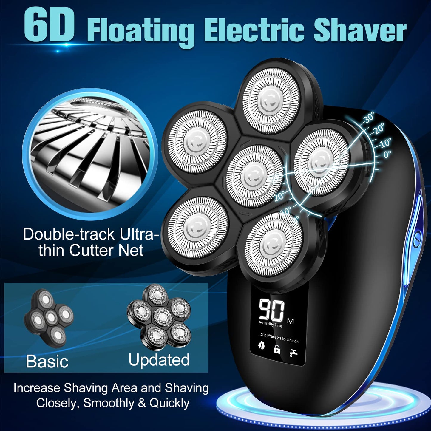 Electric Head Shaver for Bald Men, 6 in 1 Mens Electric Head Razor Bald Head Shaver Cordless Electric Razor Men, IPX7 Wet/Dry Waterproof Rotary Shaver with Head Shaver Kit LED Display