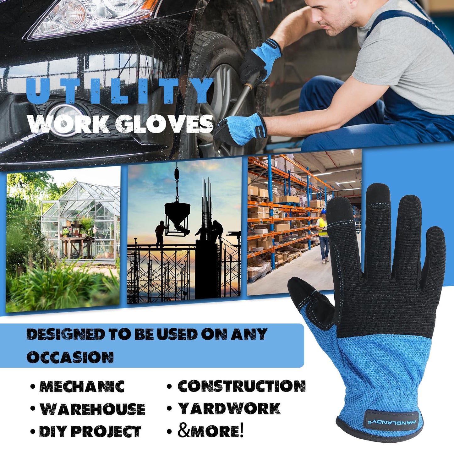 HANDLANDY Mens Work Gloves, Flexible Utility Working Gloves, Touch Screen Outdoor Yard Gloves (Black-blue, Small (Pack of 1))