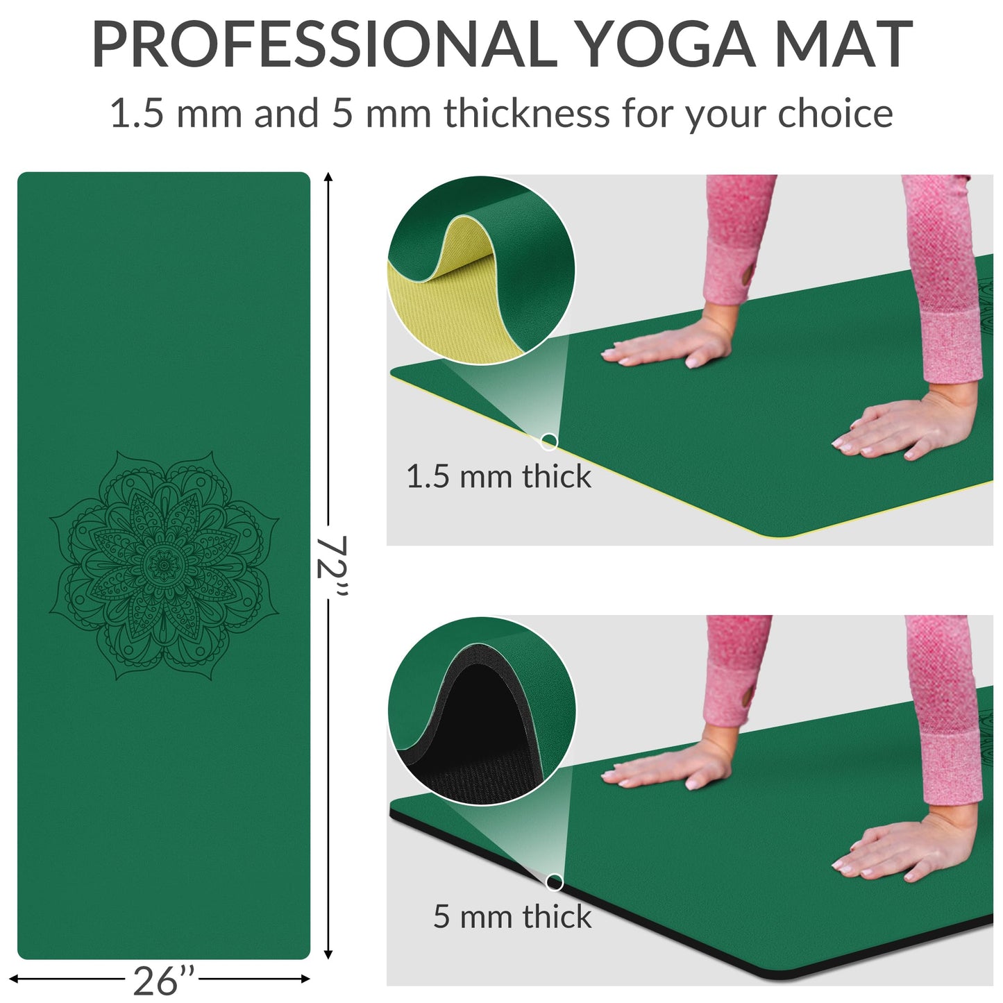 Cifupy Yoga Mat PU Travel Yoga Mat, Non Slip Exercise Mat with Carry Bag, All-Purpose Fitness Mat with High Density Anti-Tear Surface for Women, Ideal for Pilates Workout (72'' x 26'' x 1.5/5mm Thick)